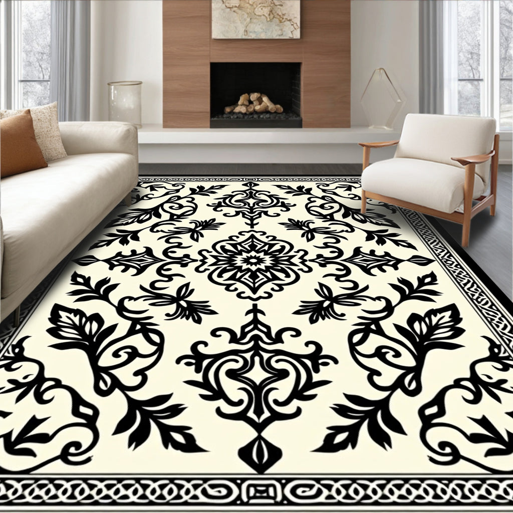 Elegant Black Floral Symmetry Design Rug