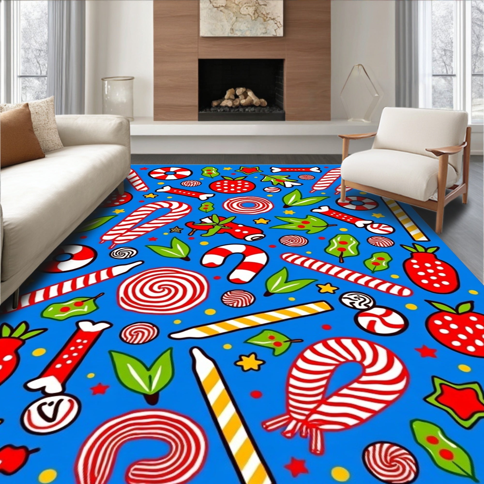 Red White Candy Cane Strawberry Blue Rug