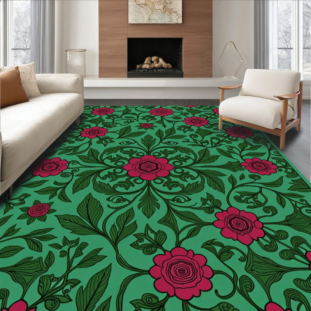 Floral Vines With Red Roses Pattern Rug