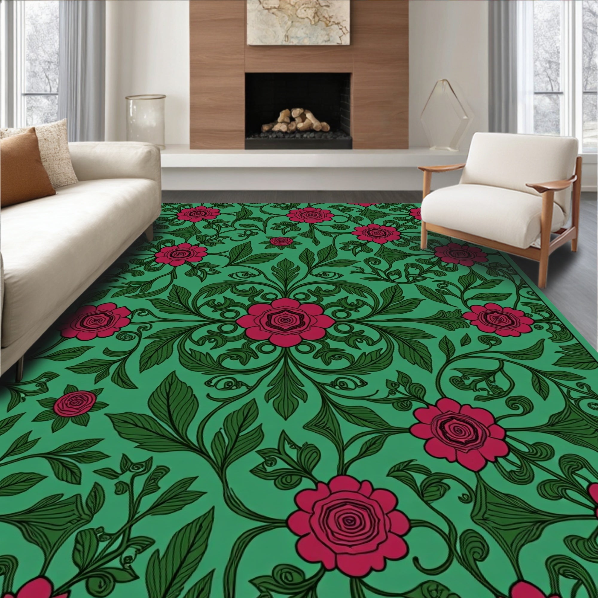 Floral Vines With Red Roses Pattern Rug
