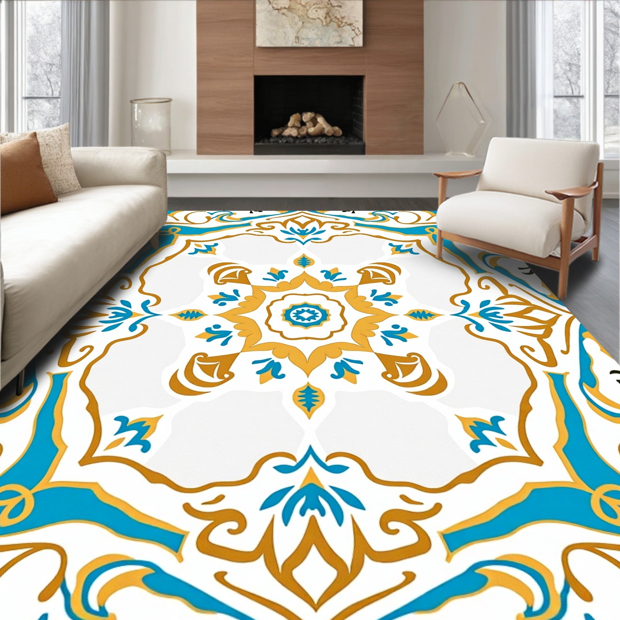 Bright Teal Gold Medallion Pattern Rug