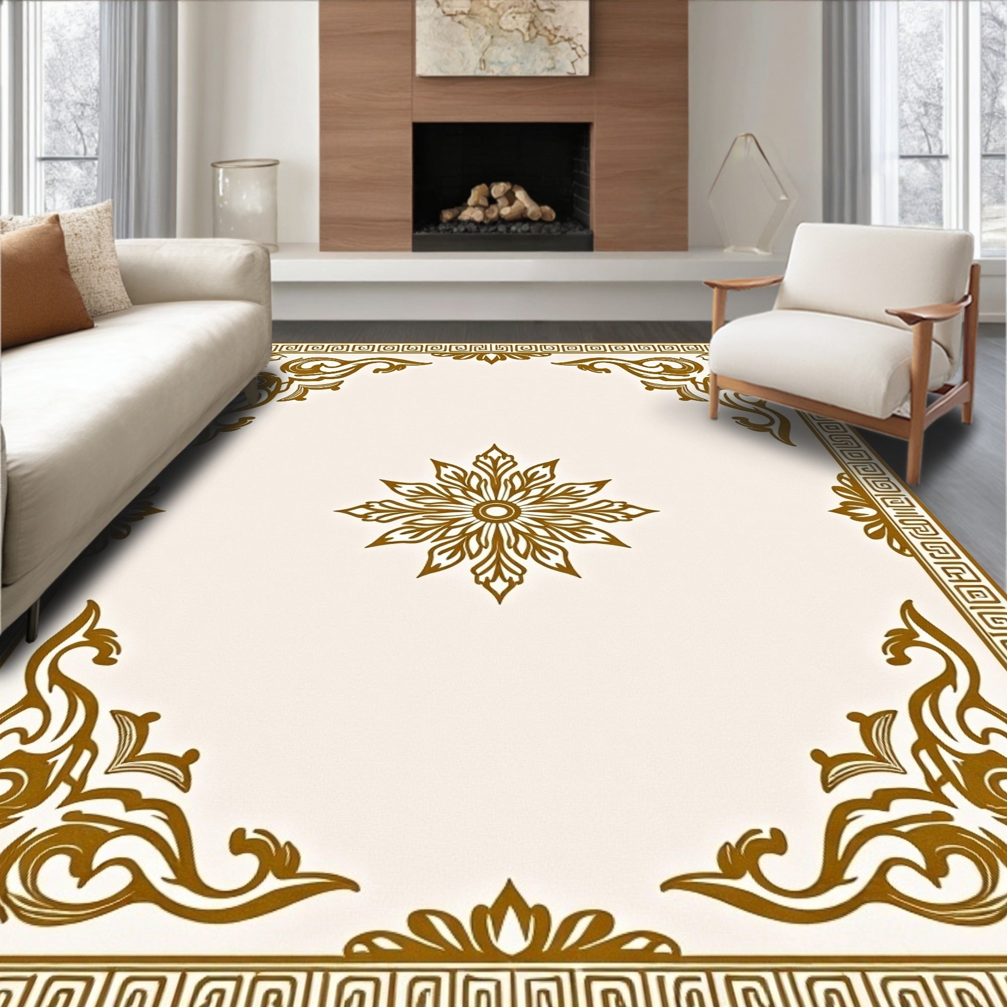 Gilded Floral Greek Key Border Rug