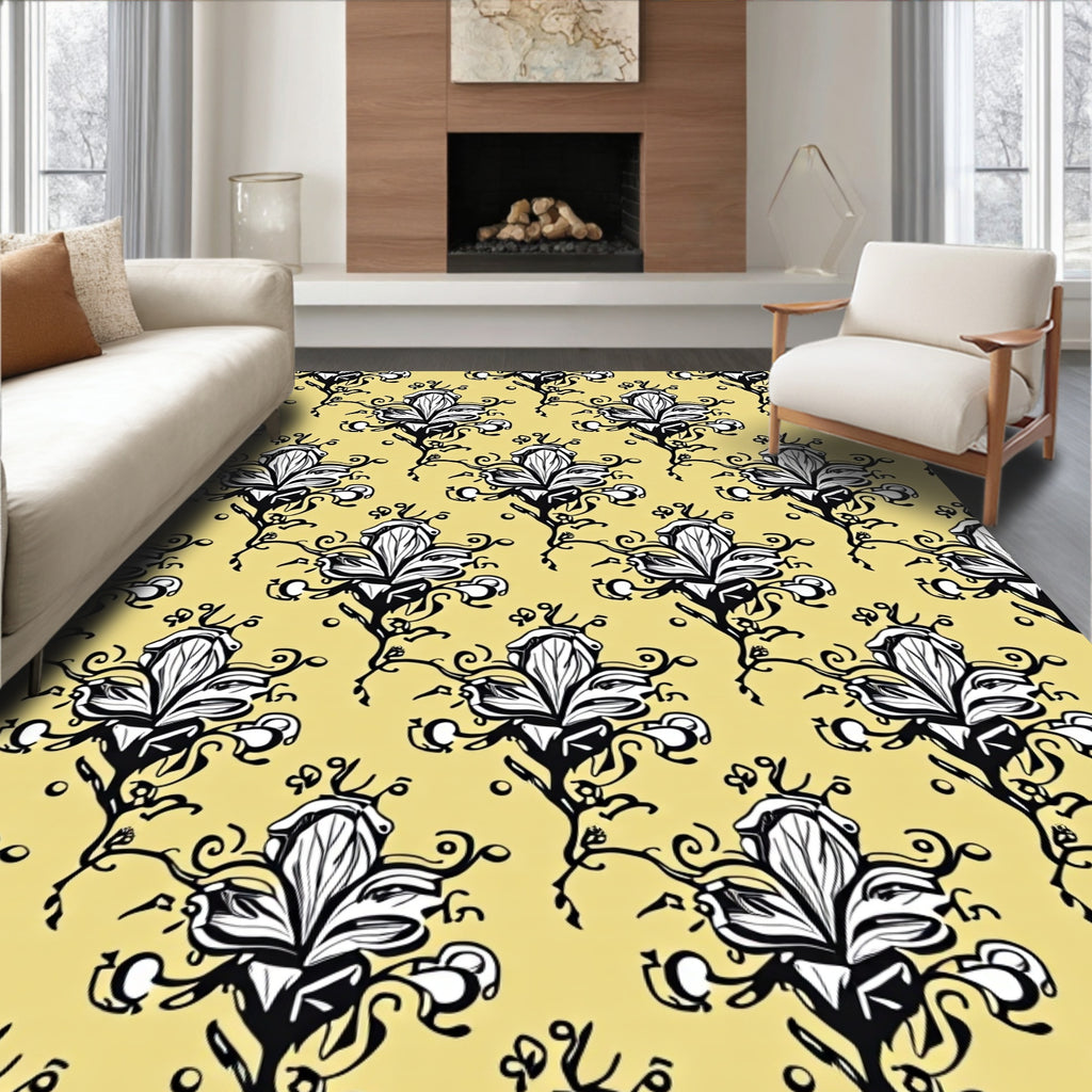 Black White Floral Vine Pattern Rug