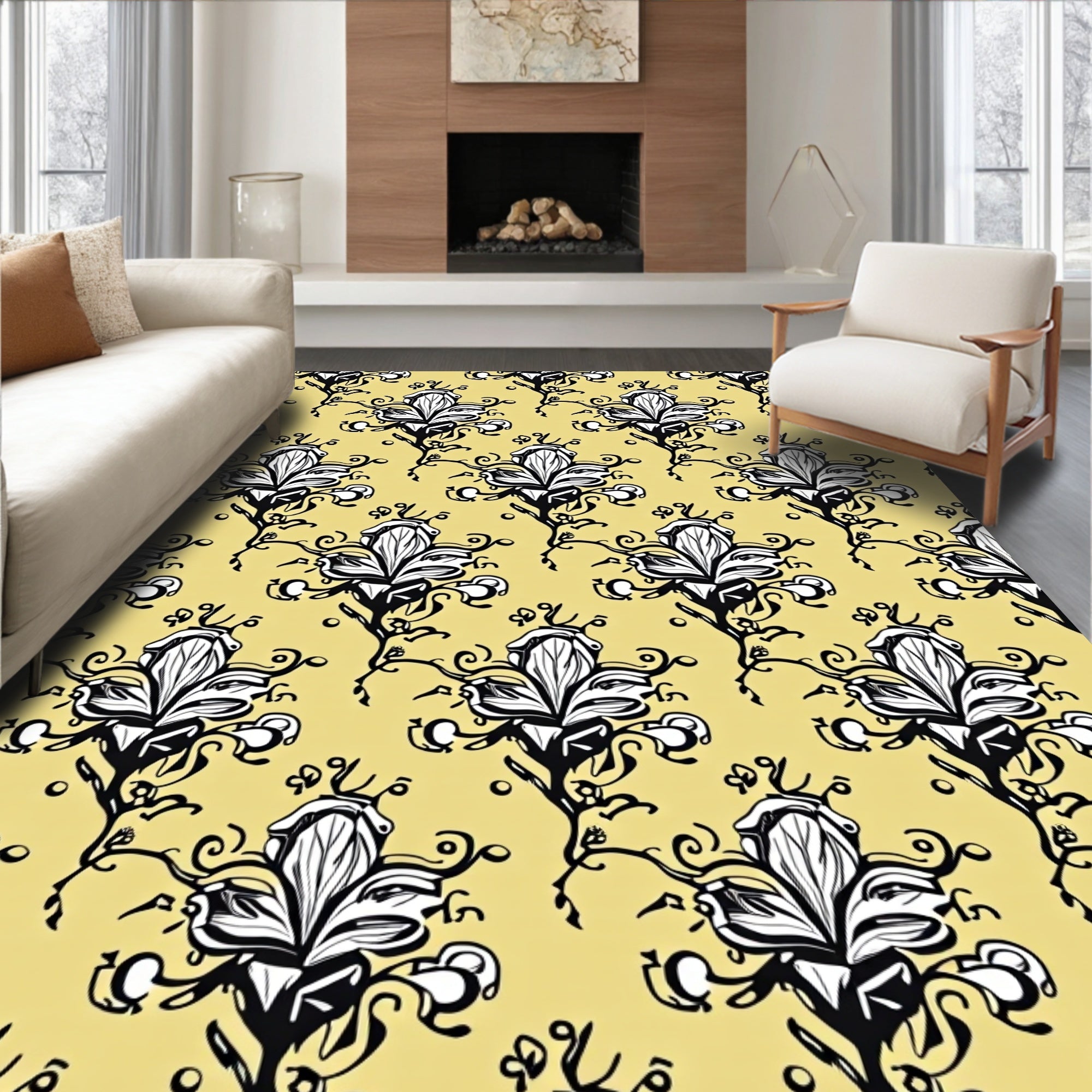 Black White Floral Vine Pattern Rug