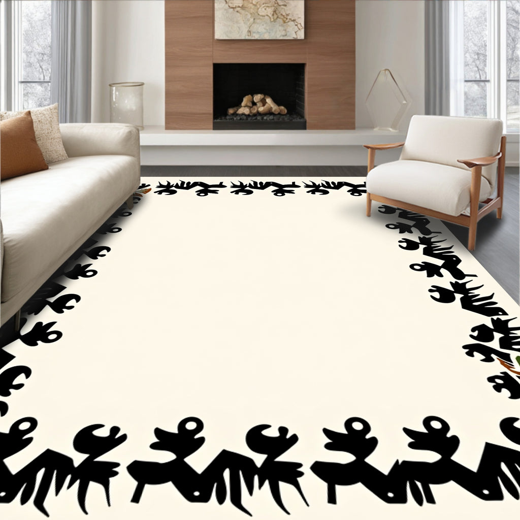 Abstract Tribal Spiky Figures Border Rug