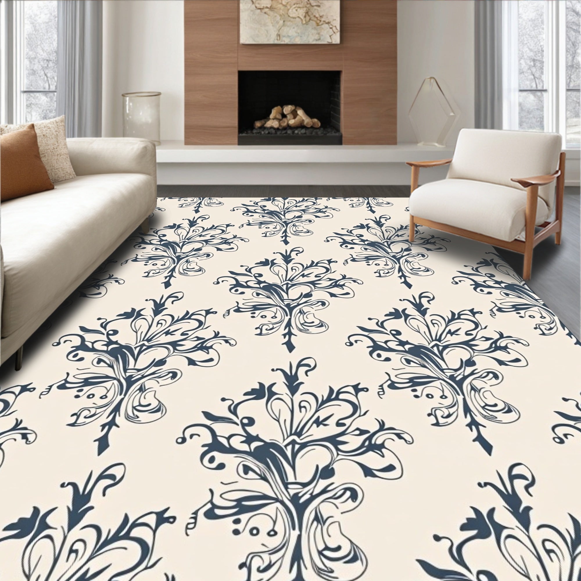 Ornate Floral Cream Navy Pattern Rug
