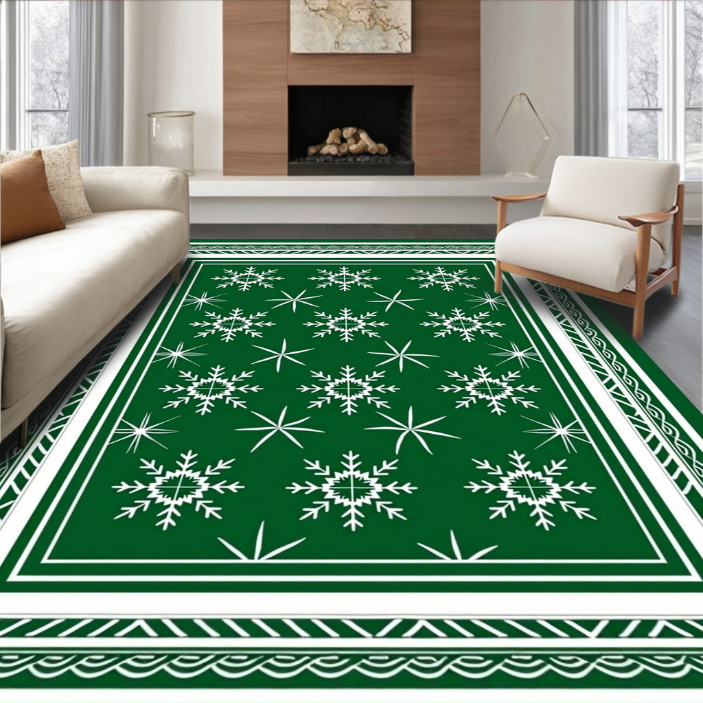 Festive White Snowflake Green Design Rug