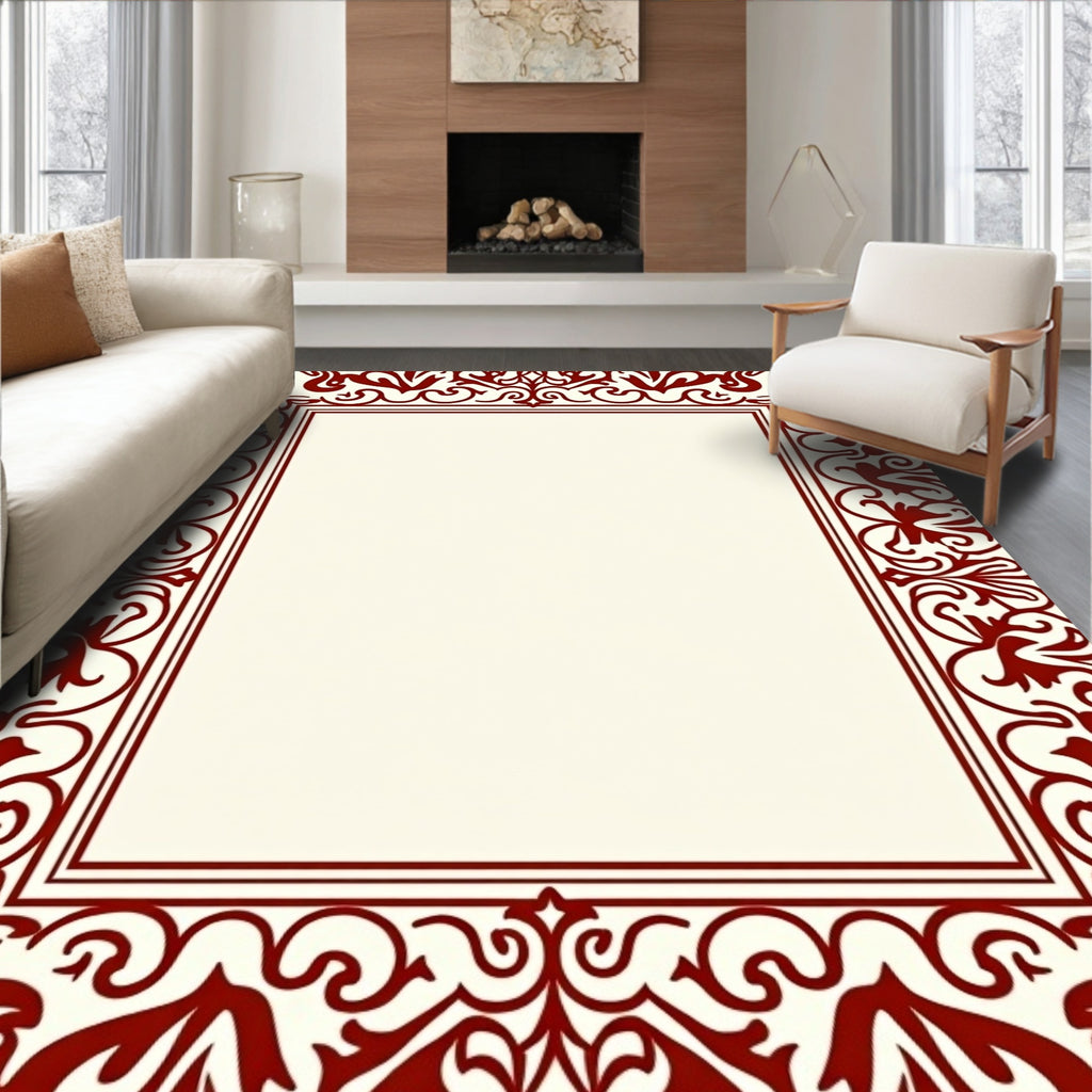 Classic Red Floral Scroll Border Design Rug