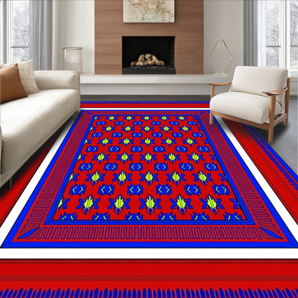 Bold Red Blue Geometric Pattern Rug