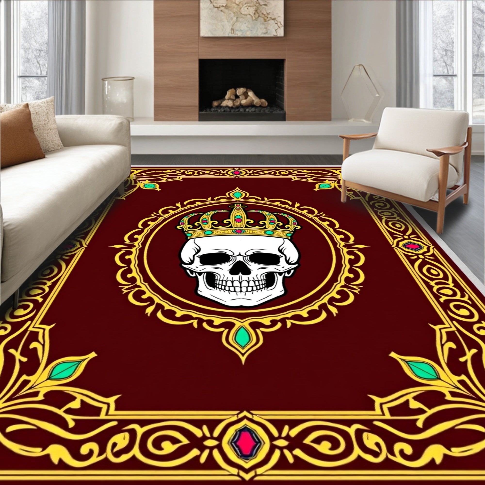 Ornate Skull Crown Emblem Rug