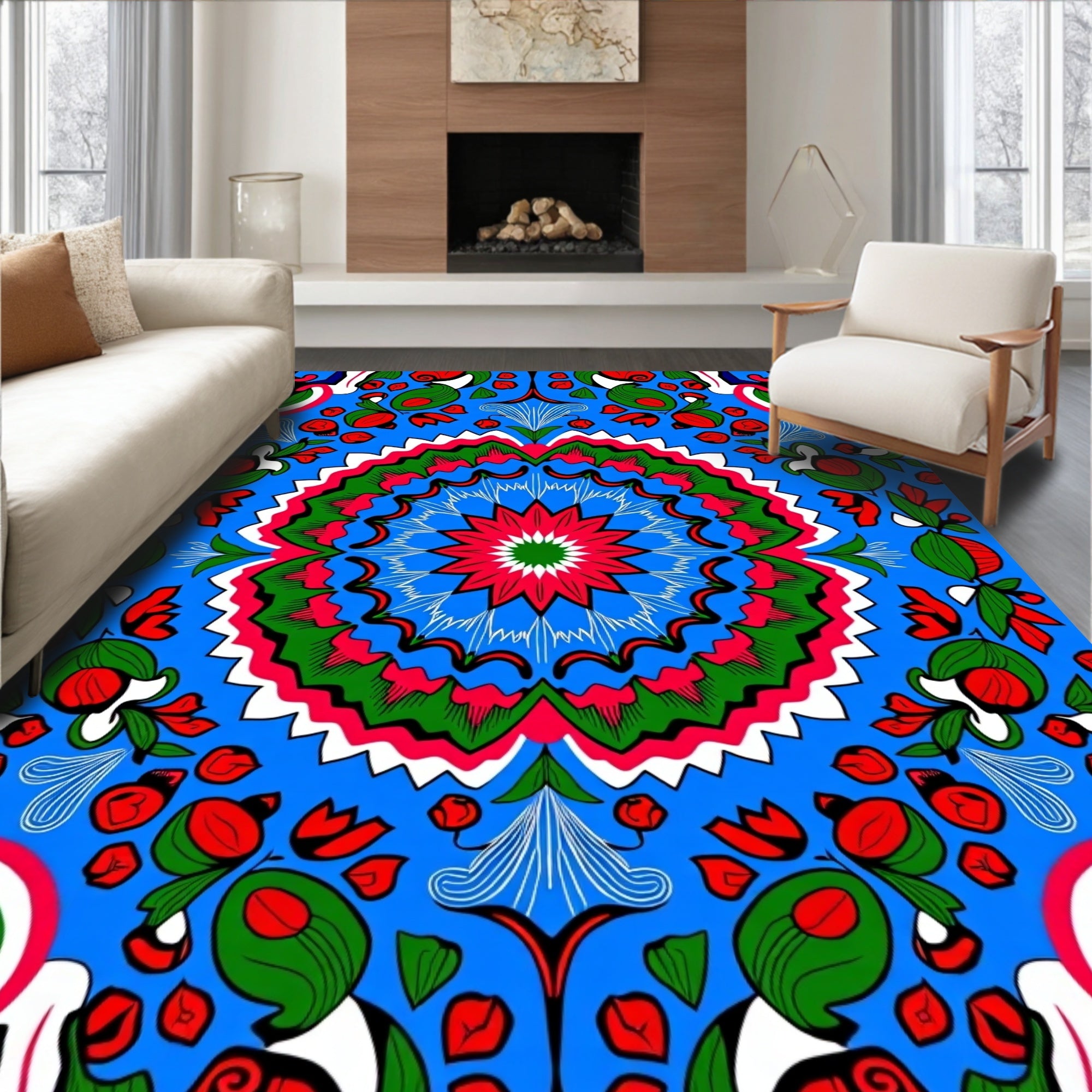 Vibrant Red Green Blue Floral Mandala Rug