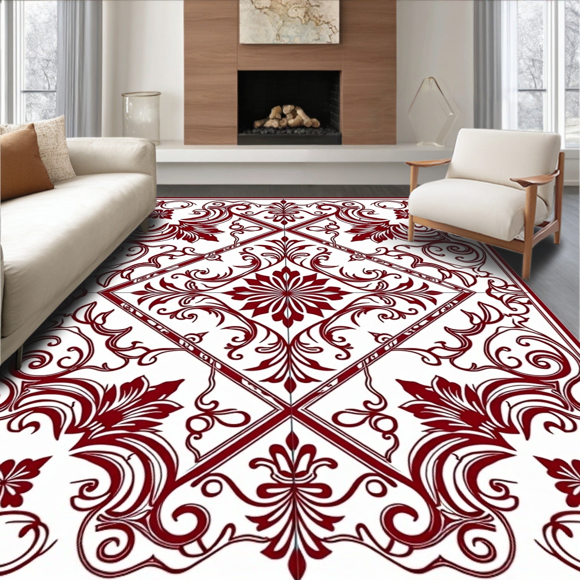 Elegant Red Scrollwork Floral Pattern Rug