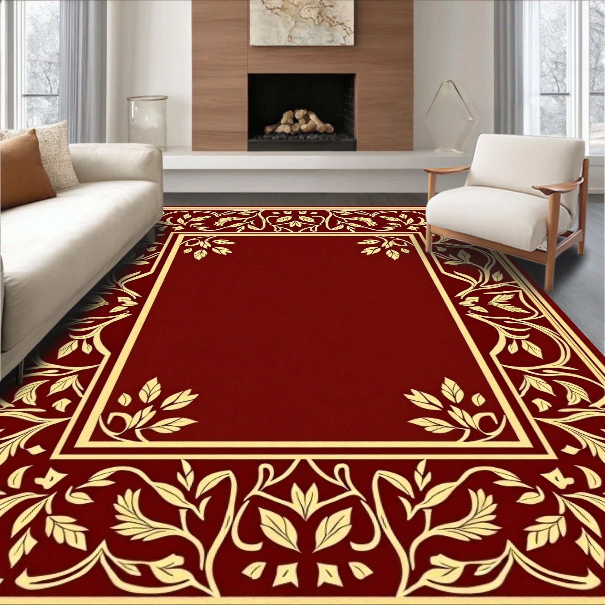 Elegant Red Gold Floral Border Rug