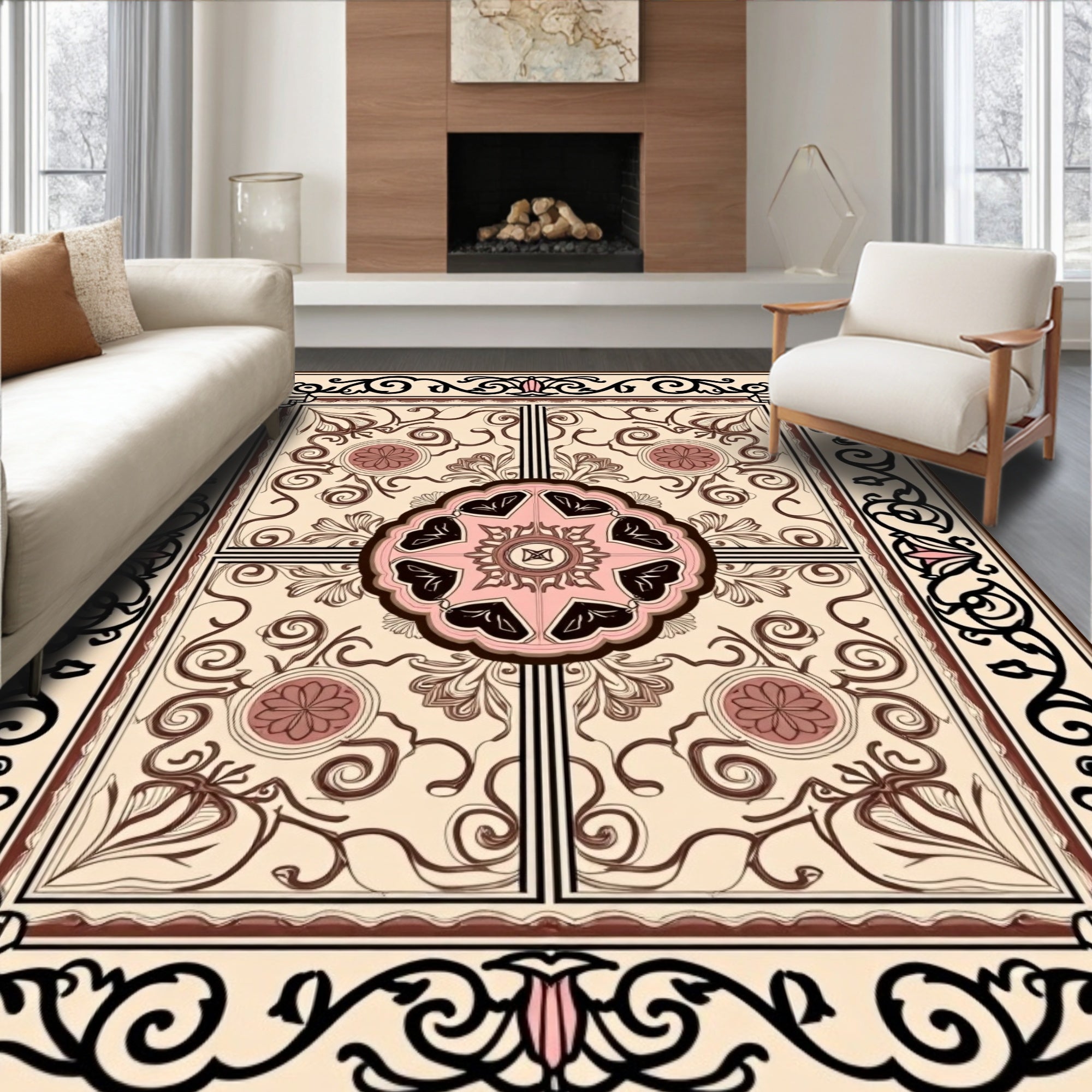 Classic Cream Rose Floral Filigree Rug