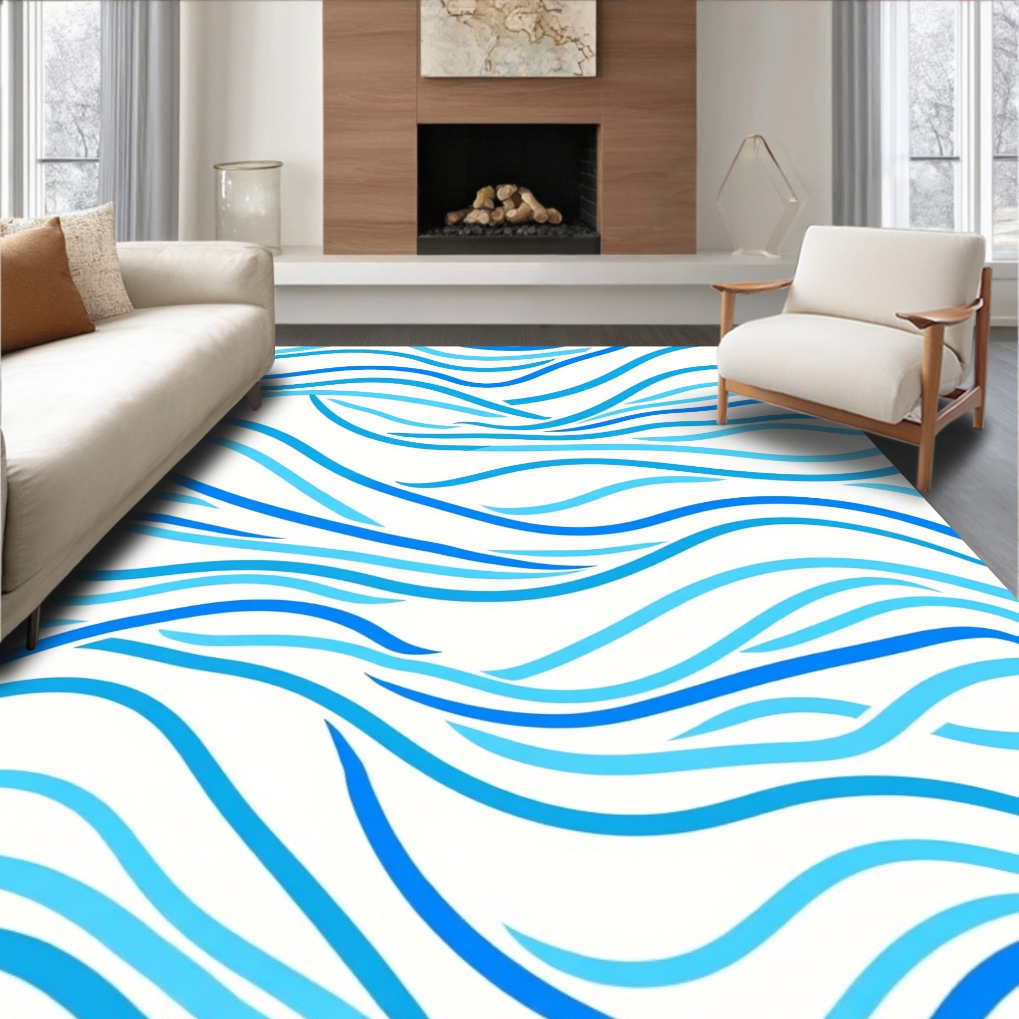 Aqua Blue Wavy Stripe Pattern Rug