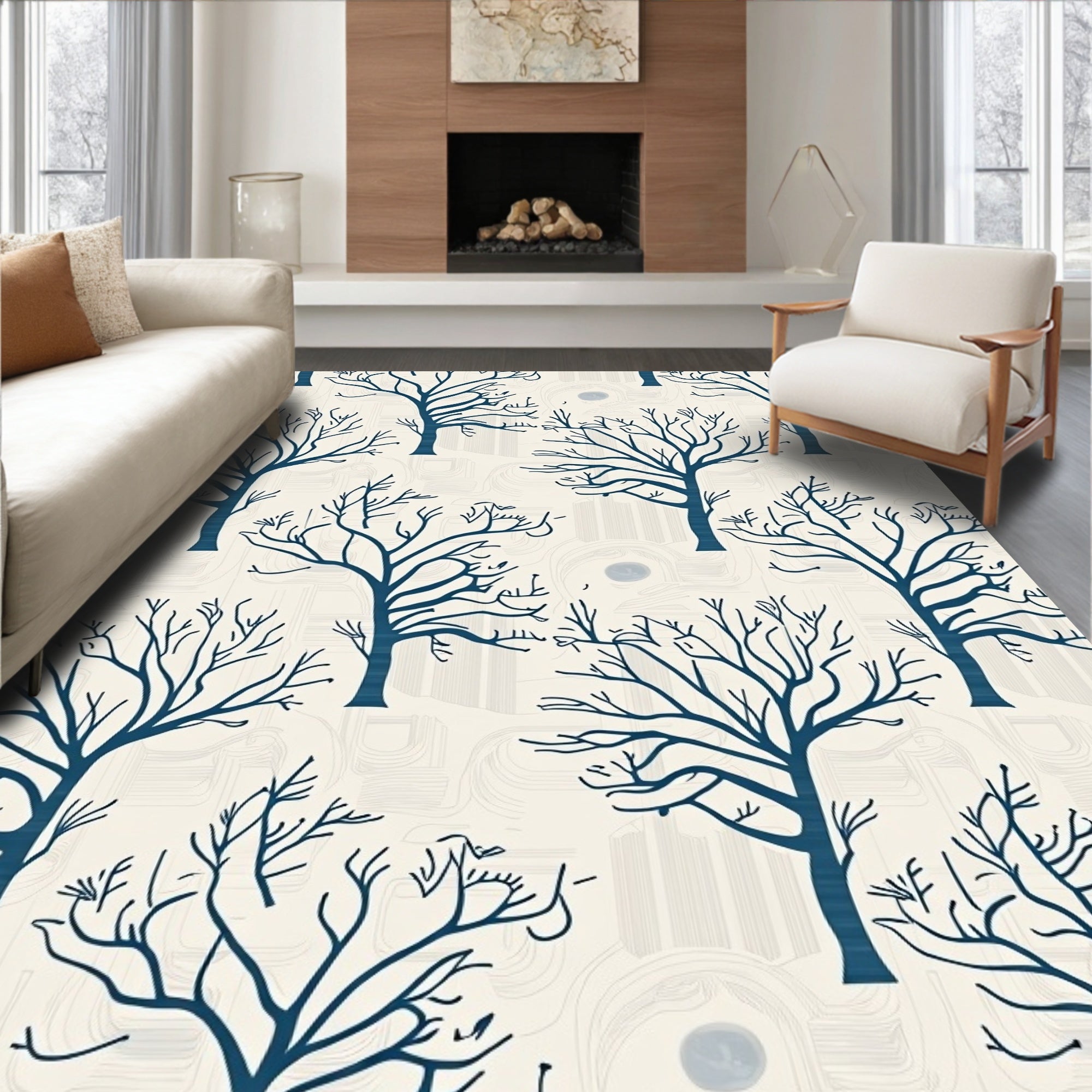 Dark Blue Winter Tree Pattern Rug