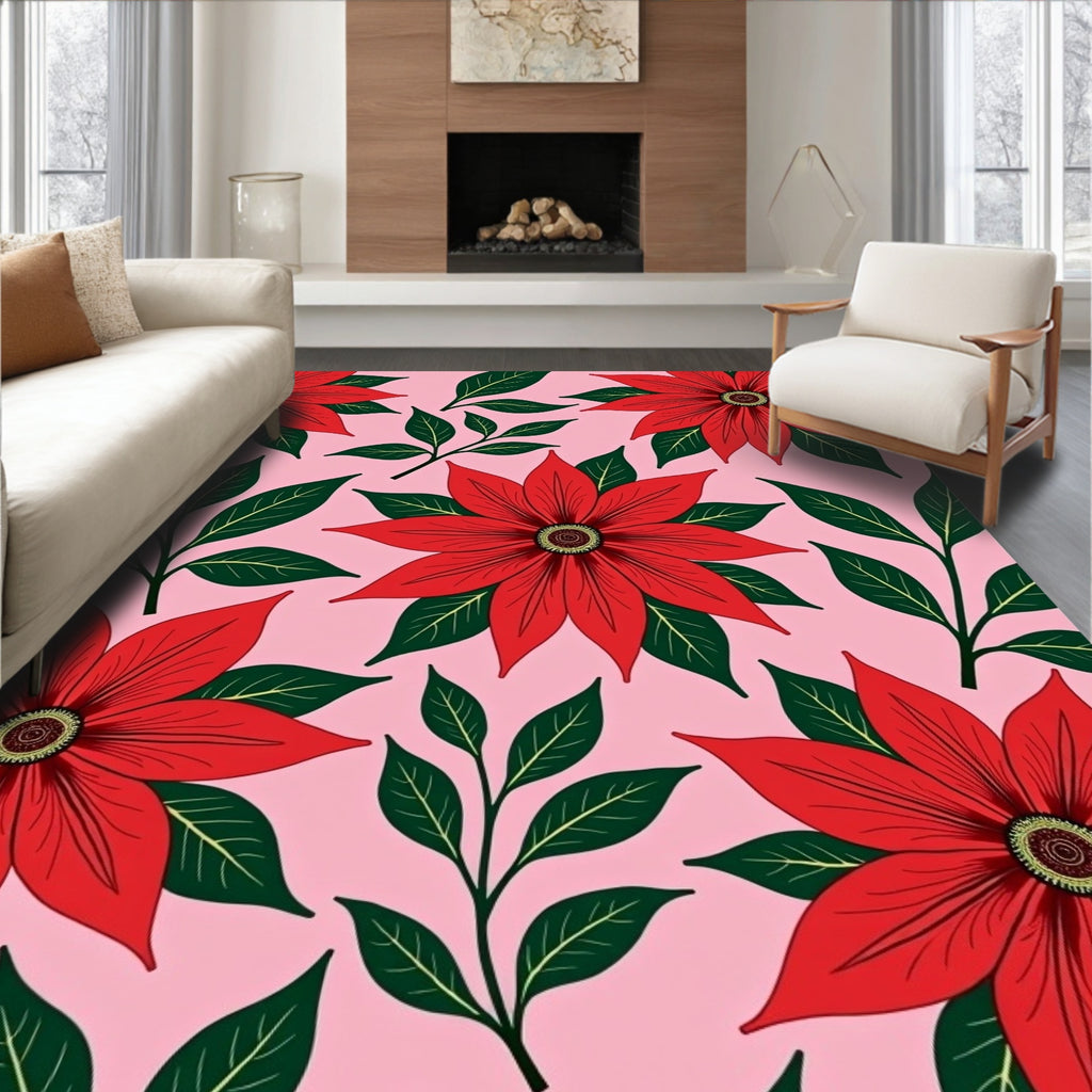 Red Floral Branches Pink Background Rug
