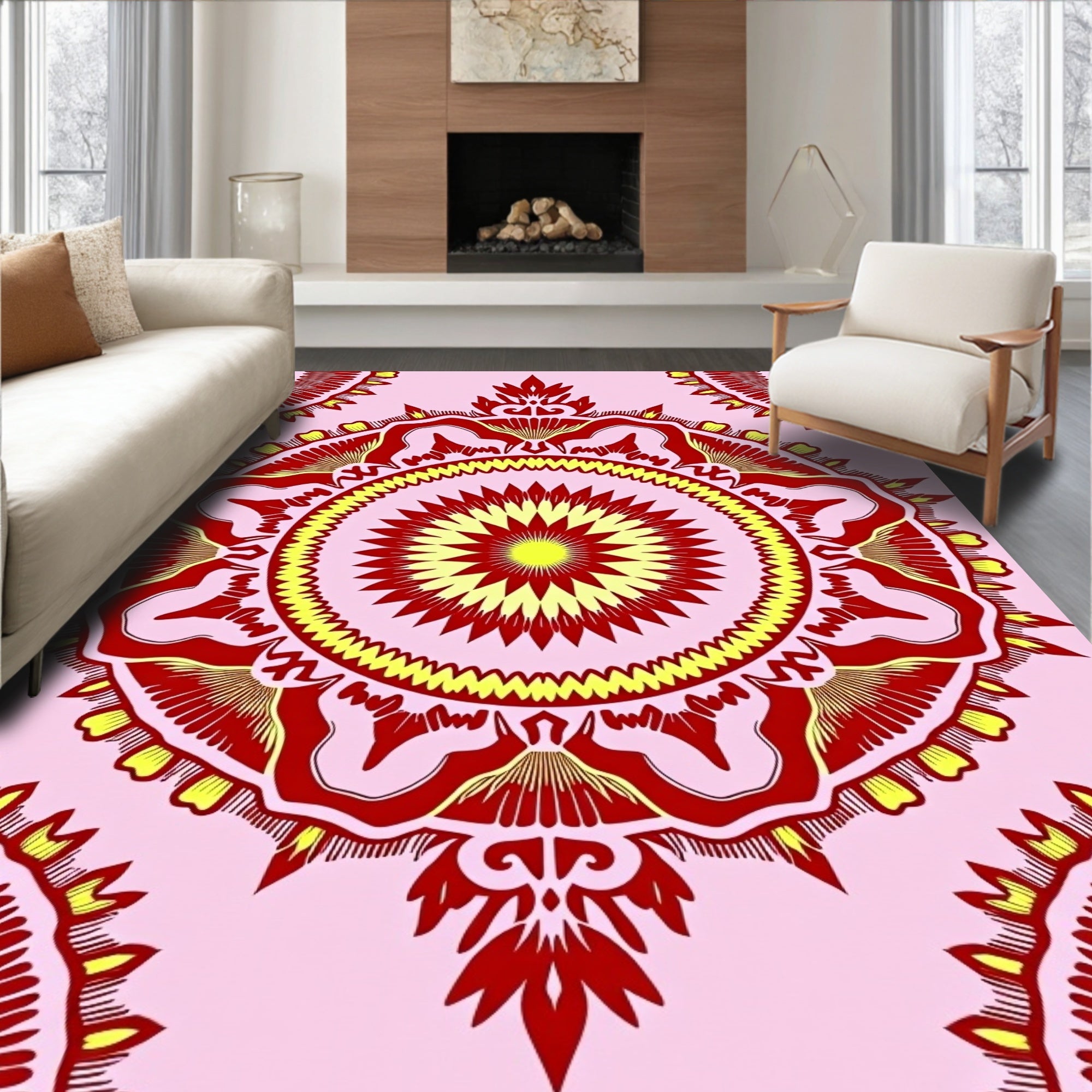 Red Yellow Sunburst Mandala Pattern Rug