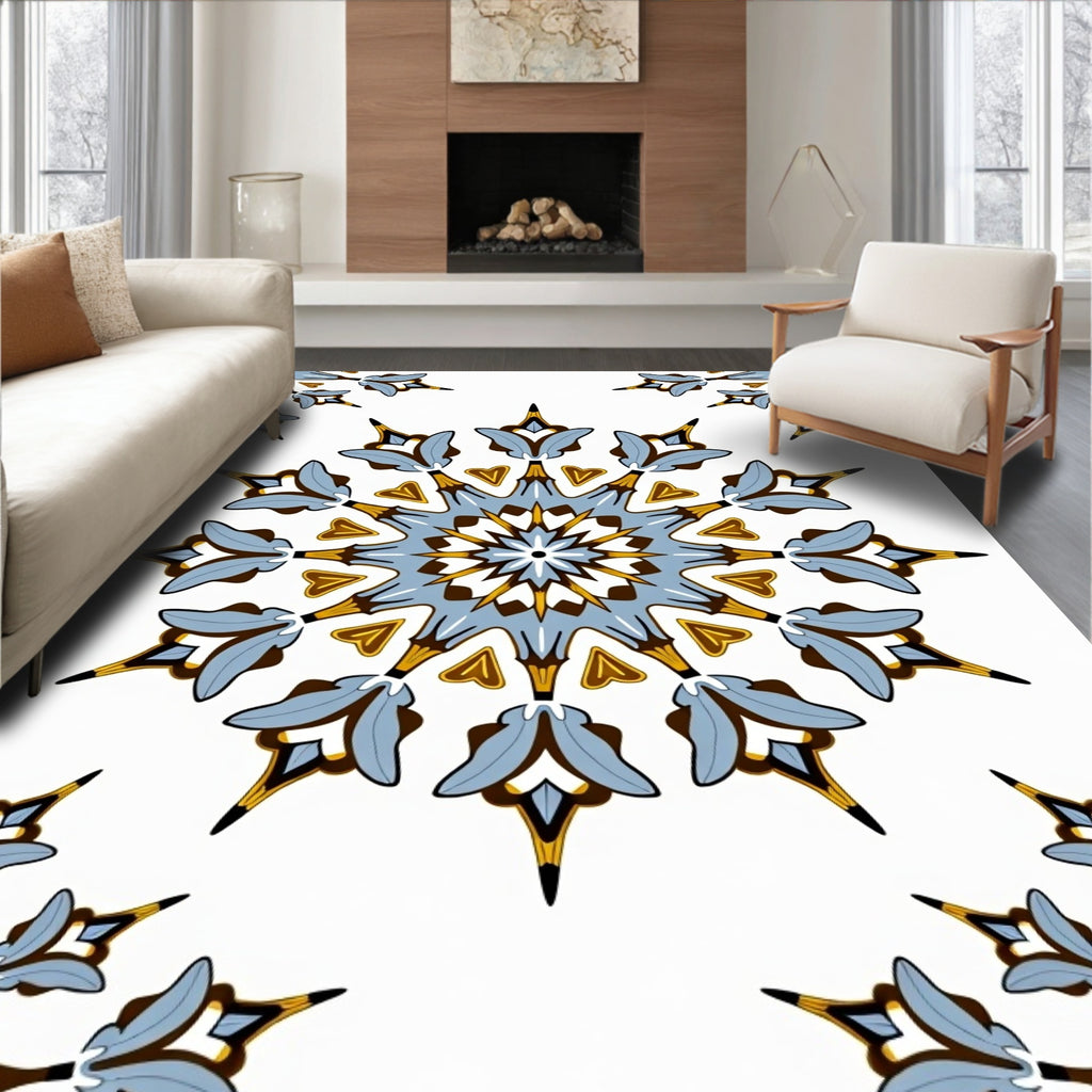 Intricate Blue Gold Floral Mandala Pattern Rug