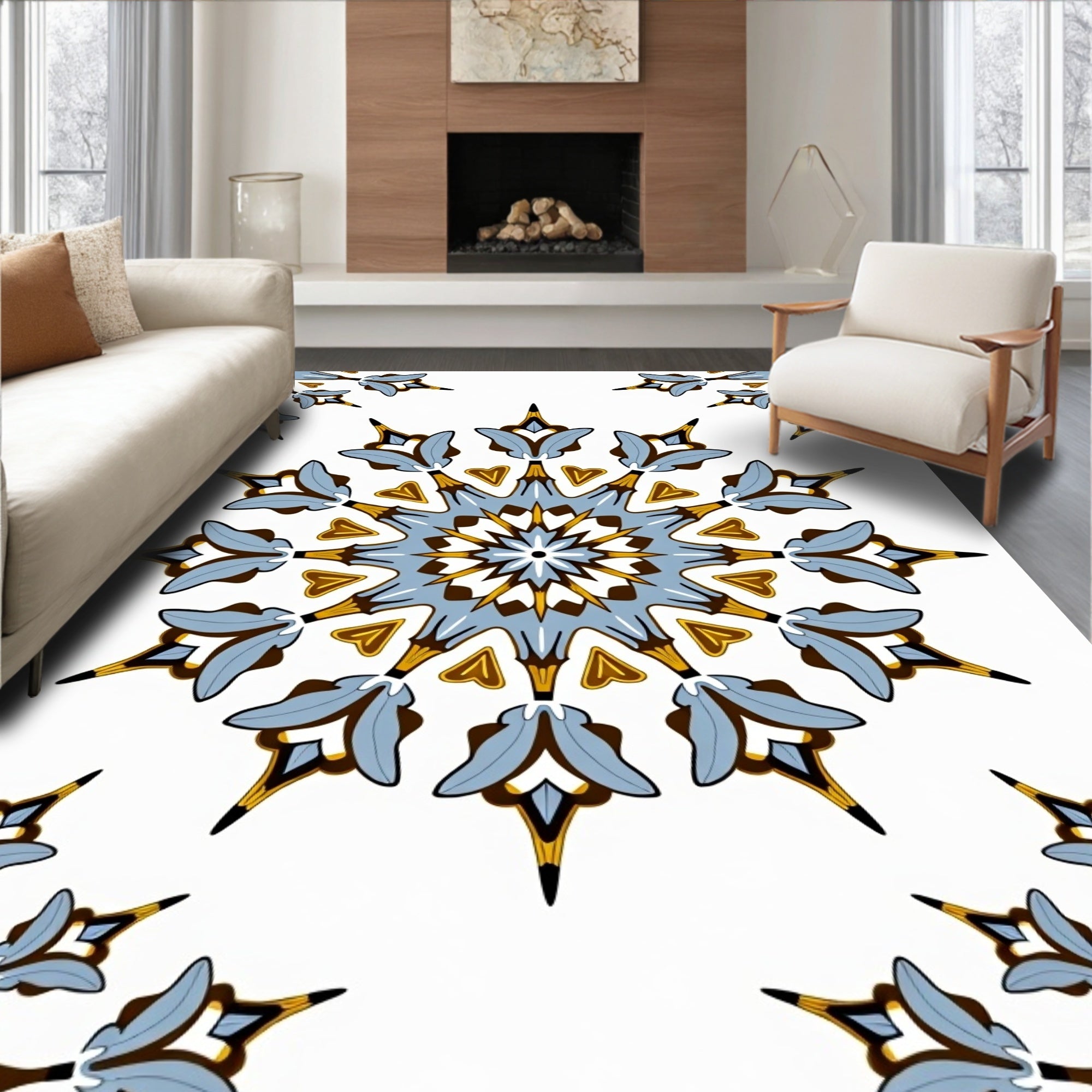 Intricate Blue Gold Floral Mandala Pattern Rug