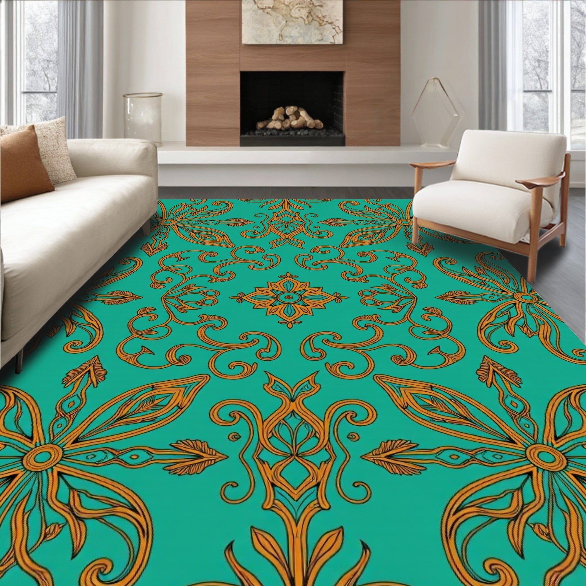 Turquoise Orange Floral Scroll Medallion Rug
