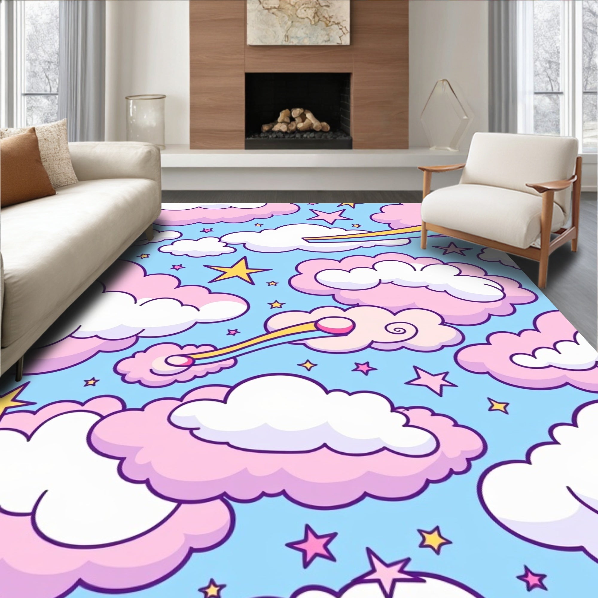 Dreamy Clouds And Stars Pattern Rug