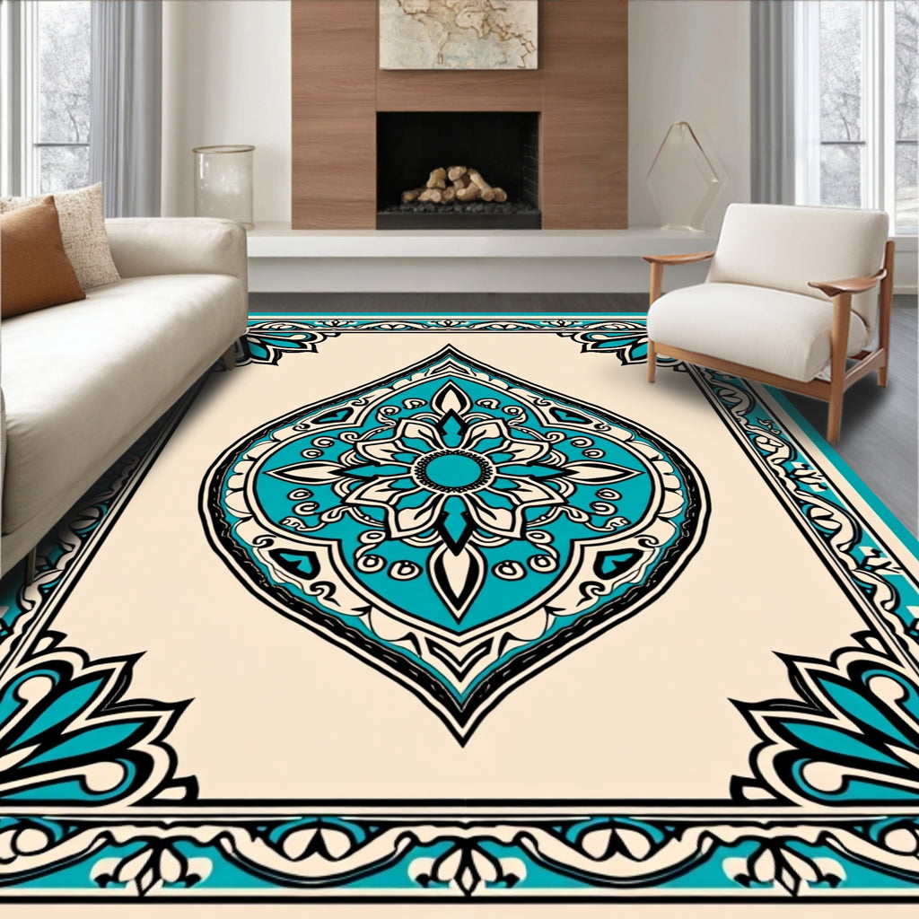 Teal Medallion Intricate Border Design Rug