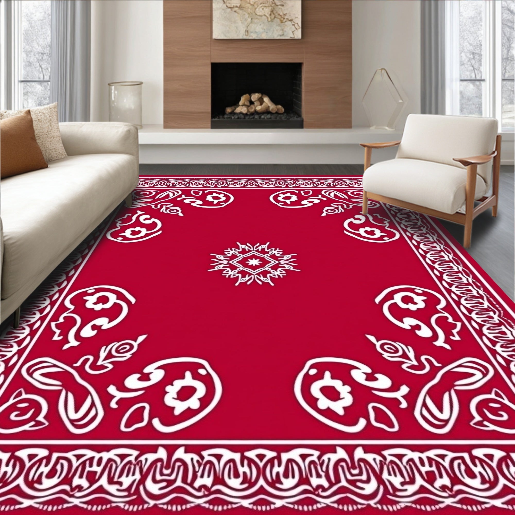 Bold Red White Vintage Ornamental Bandana Rug