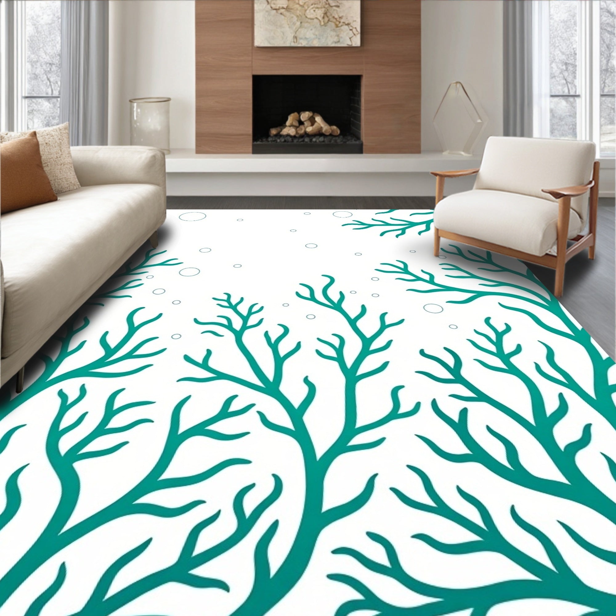 Teal Branch Pattern Bubbles Design Rug