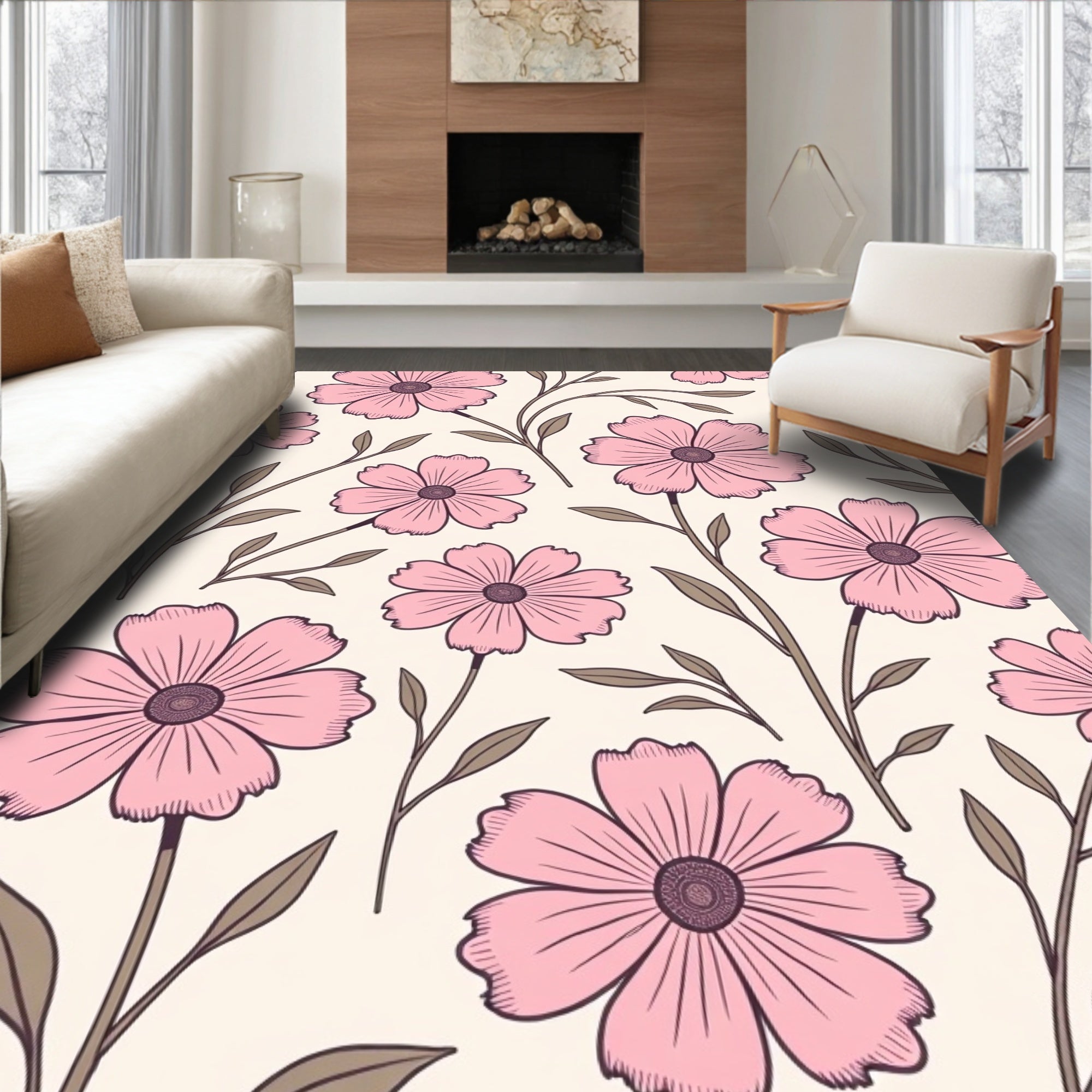 Pink Floral Stem Pattern Design Rug