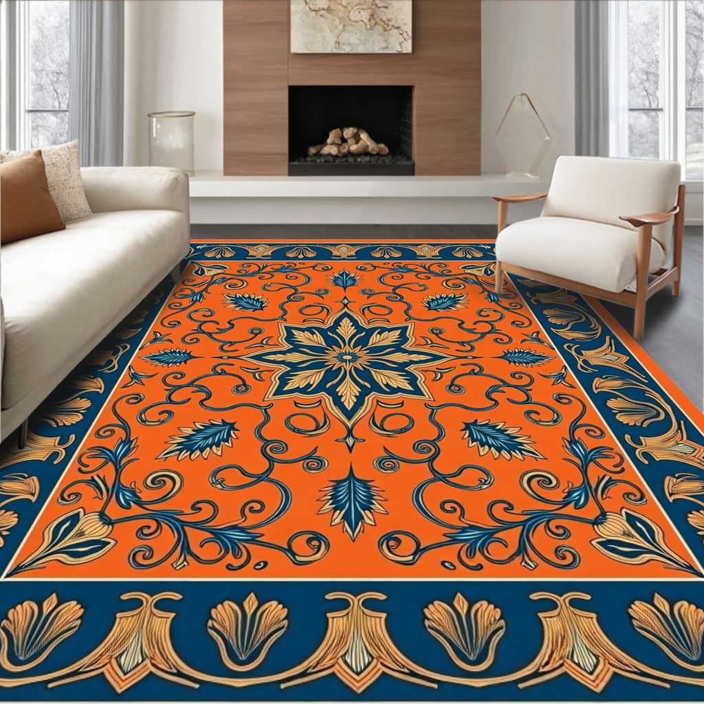 Orange Blue Floral Medallion Pattern Rug