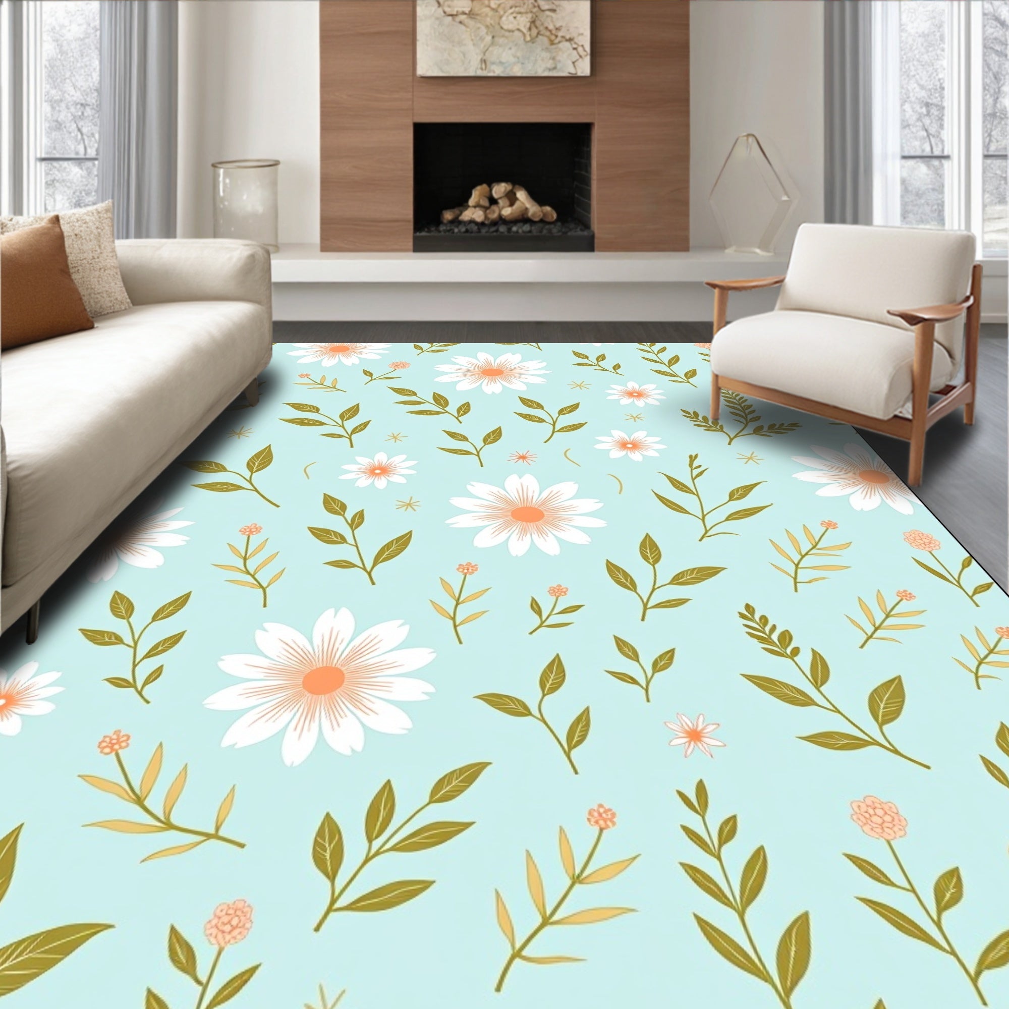 Delicate White Daisy And Leaf Pattern Rug