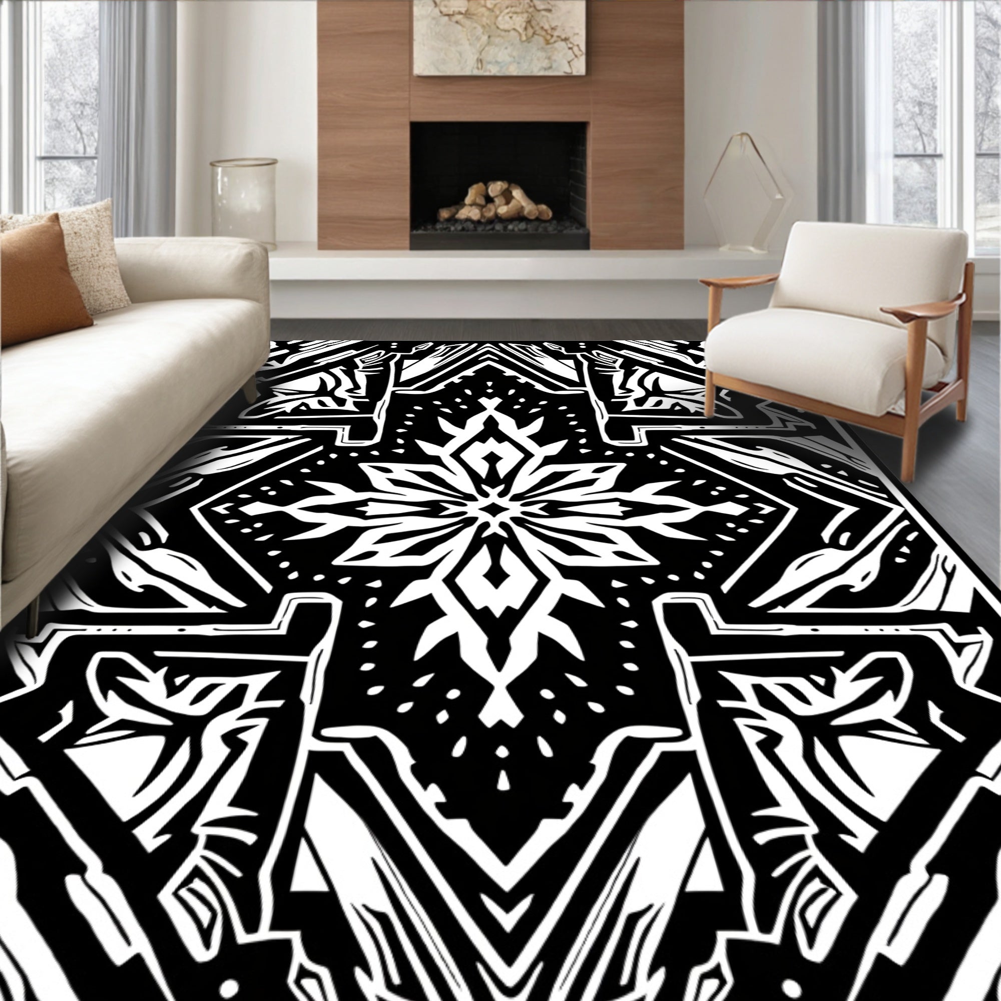 Abstract Black White Geometric Mandala Rug