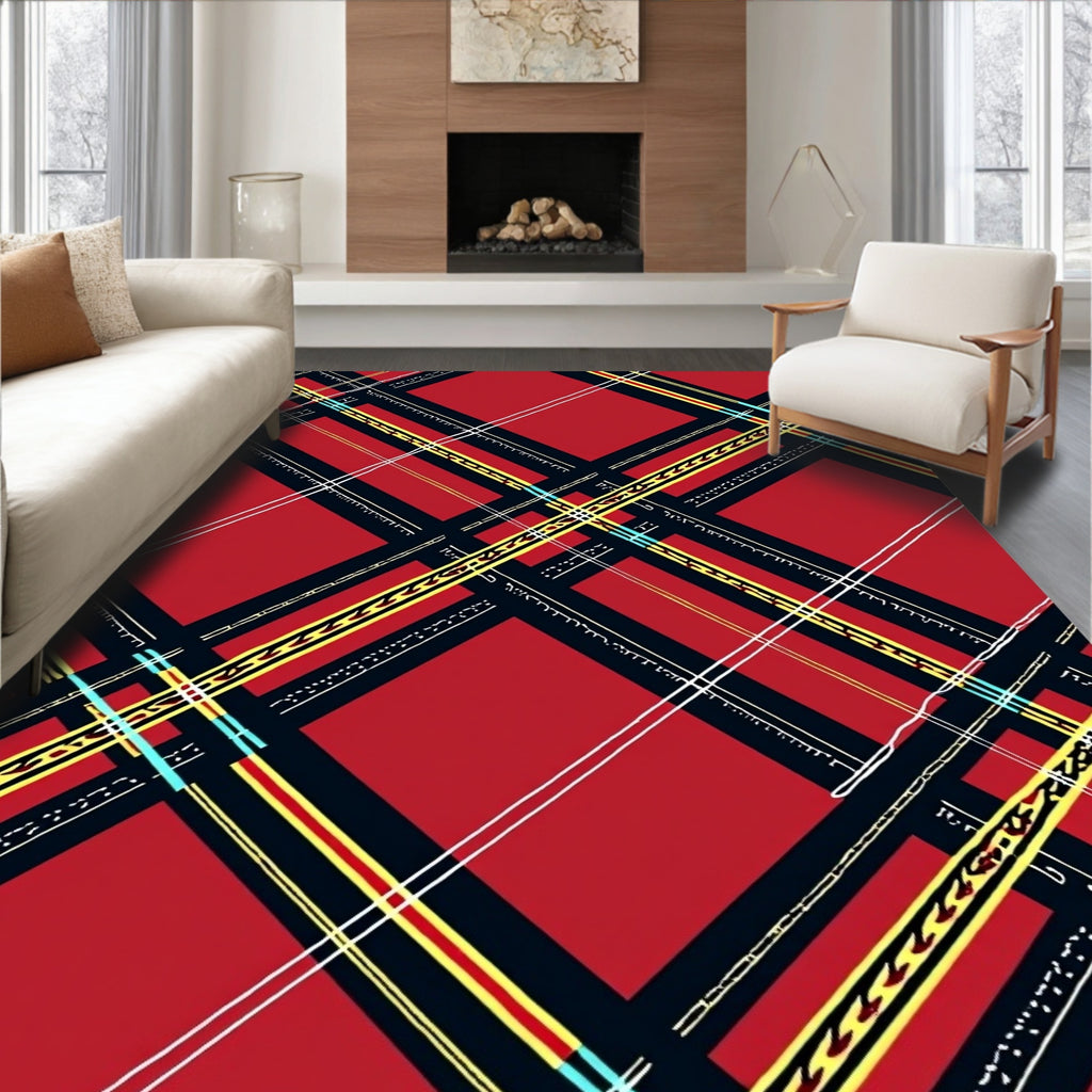 Red Yellow And Black Plaid Pattern Rug