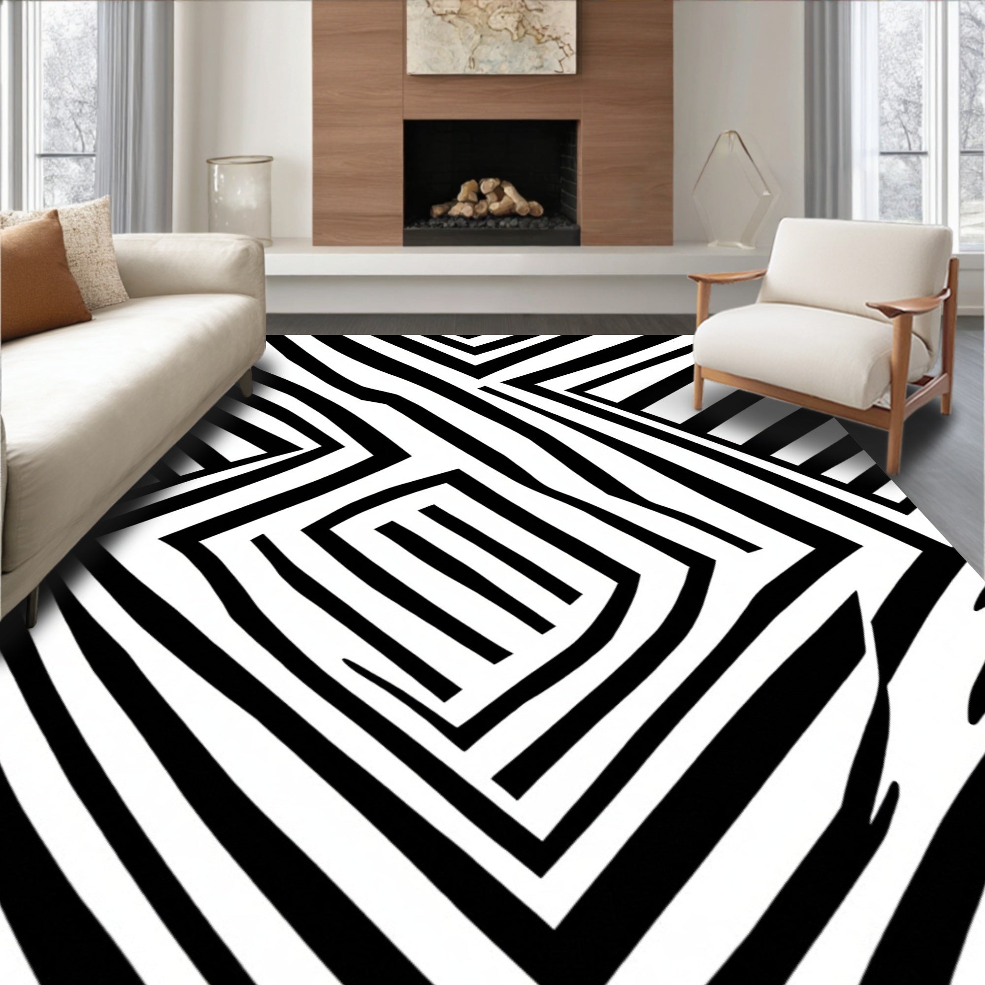 Abstract Black White Geometric Pattern Rug