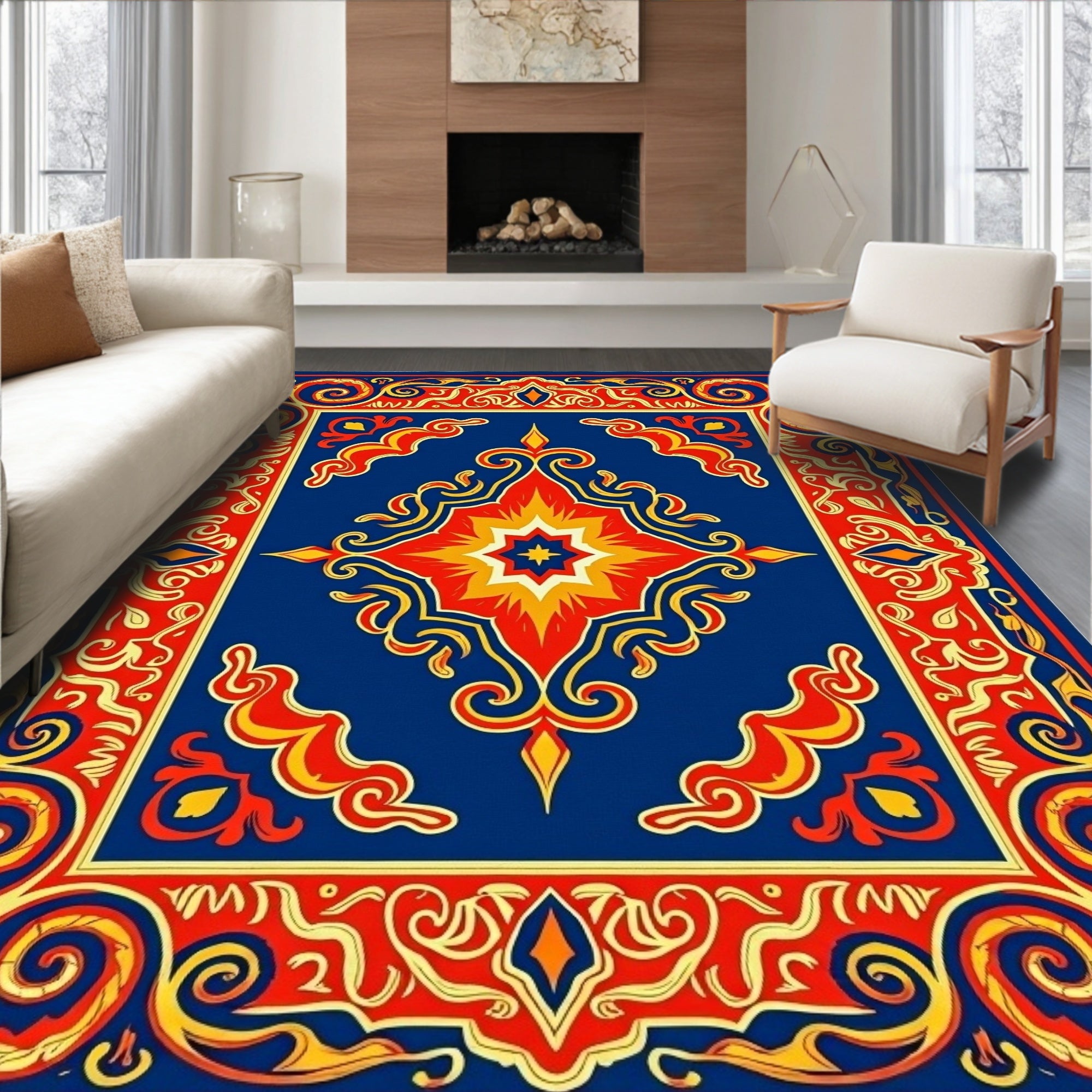 Bold Red Yellow Floral Medallion Rug