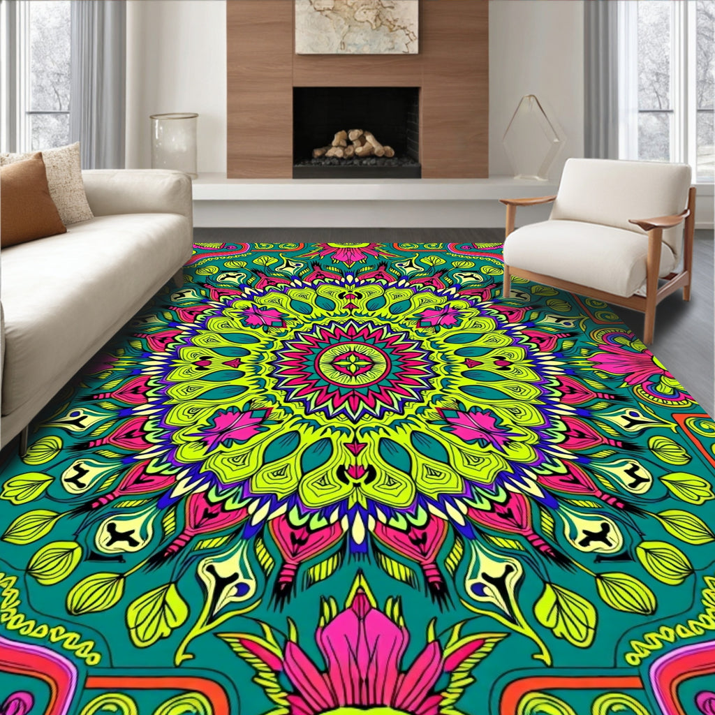 Vibrant Psychedelic Floral Mandala Pattern Rug