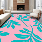 Teal Leaf Pattern With Pink Background Rug