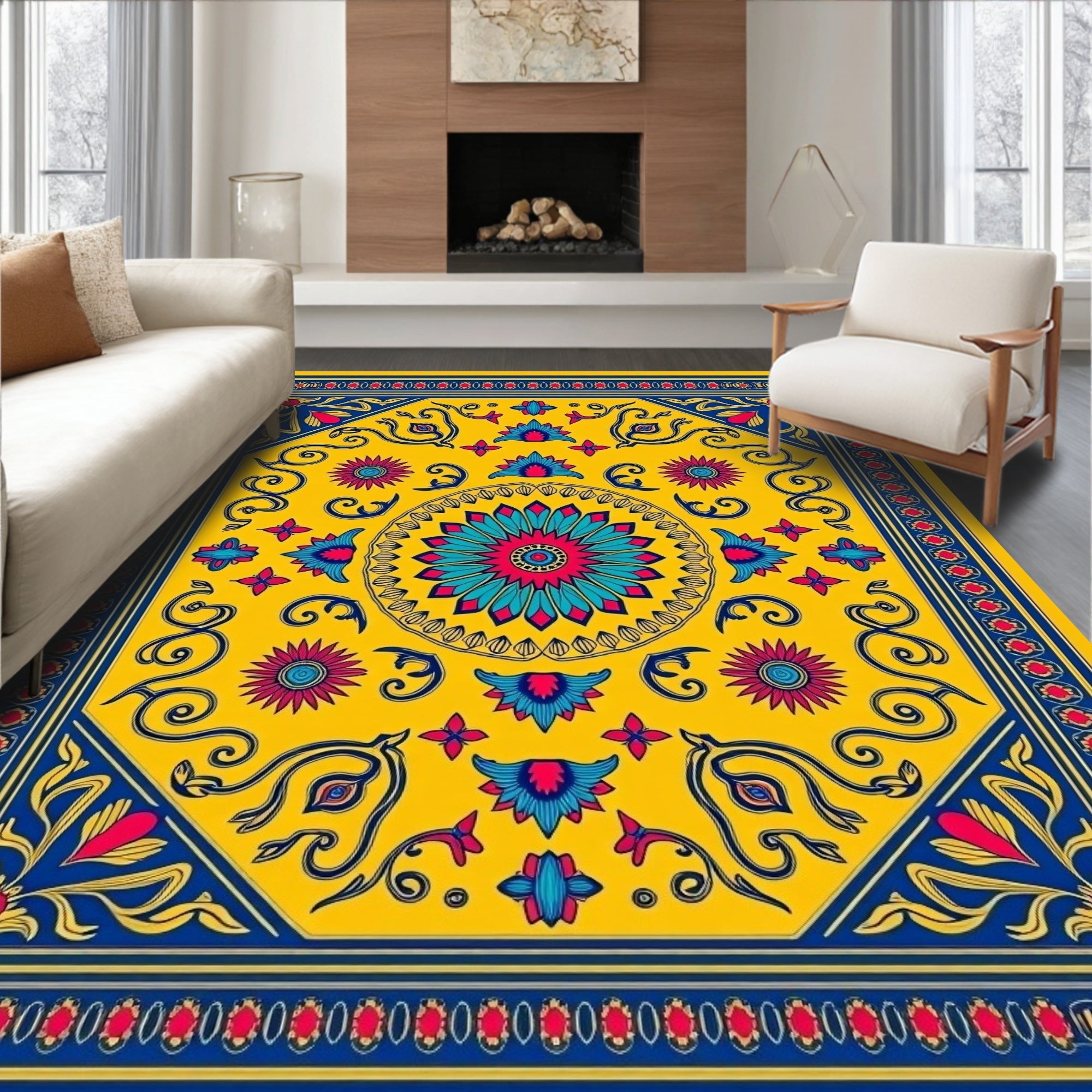 Vibrant Yellow Floral Intricate Art Rug