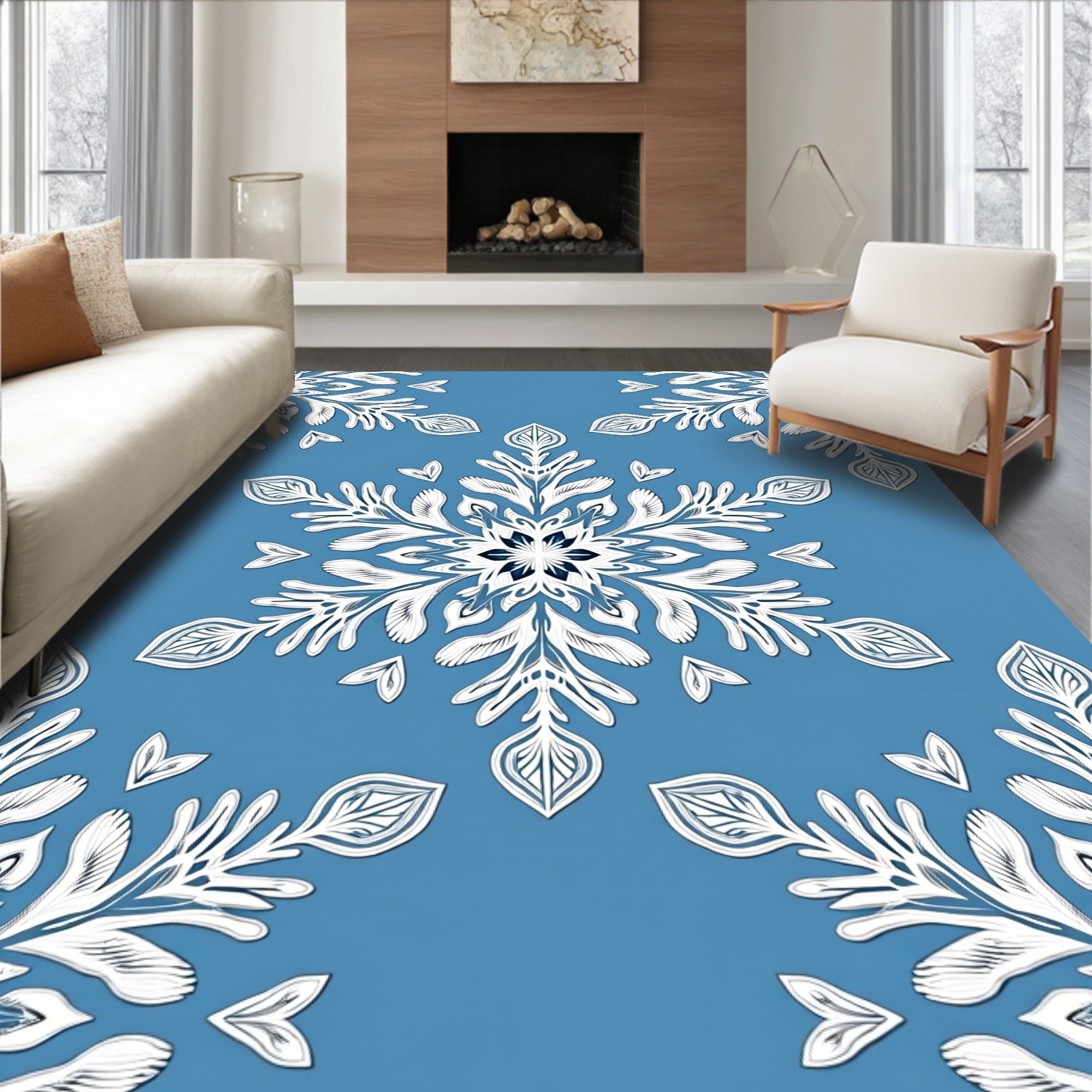 Serene Blue White Mandala Snowflake Rug