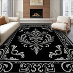 Ornate Black White Floral Damask Rug