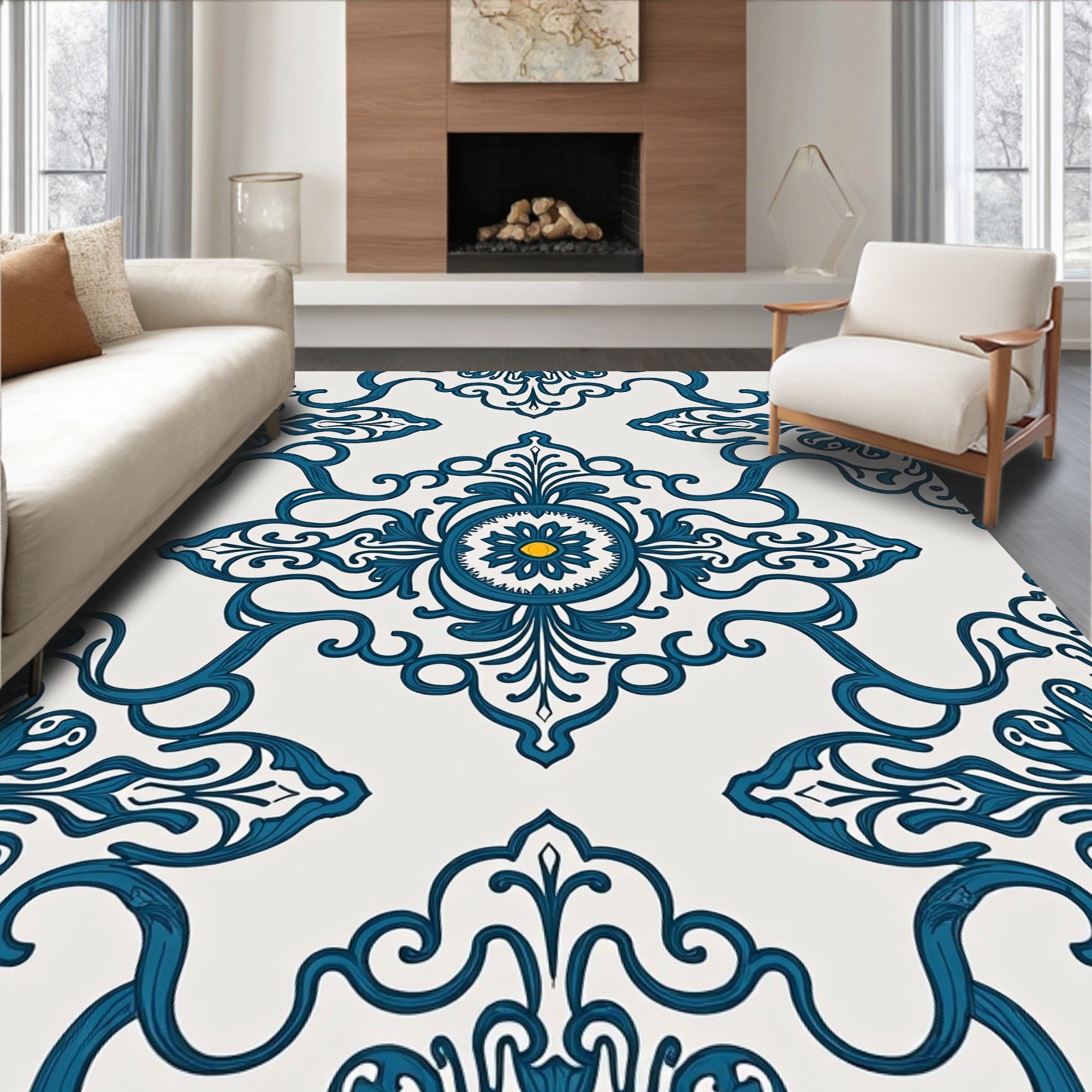 Damask Floral Blue Yellow Pattern Rug