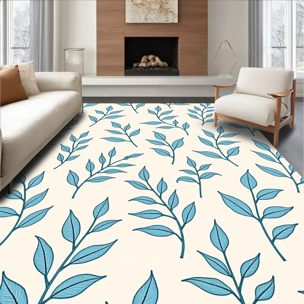 Blue Leafy Branches Pattern Rug