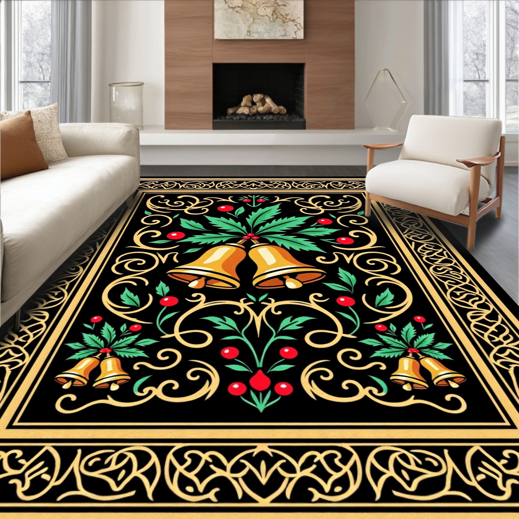 Ornate Bells and Holly Pattern Design Rug