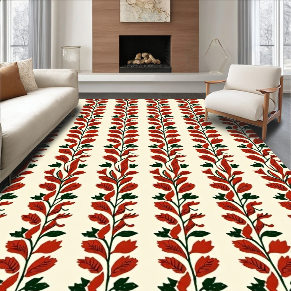 Vertical Leaf Pattern Folk Design Rug