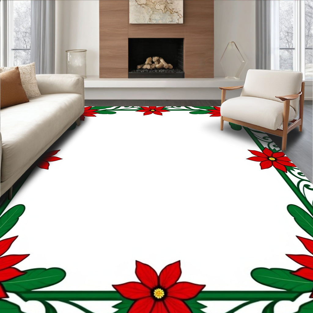 Red Poinsettia Festive Border Rug