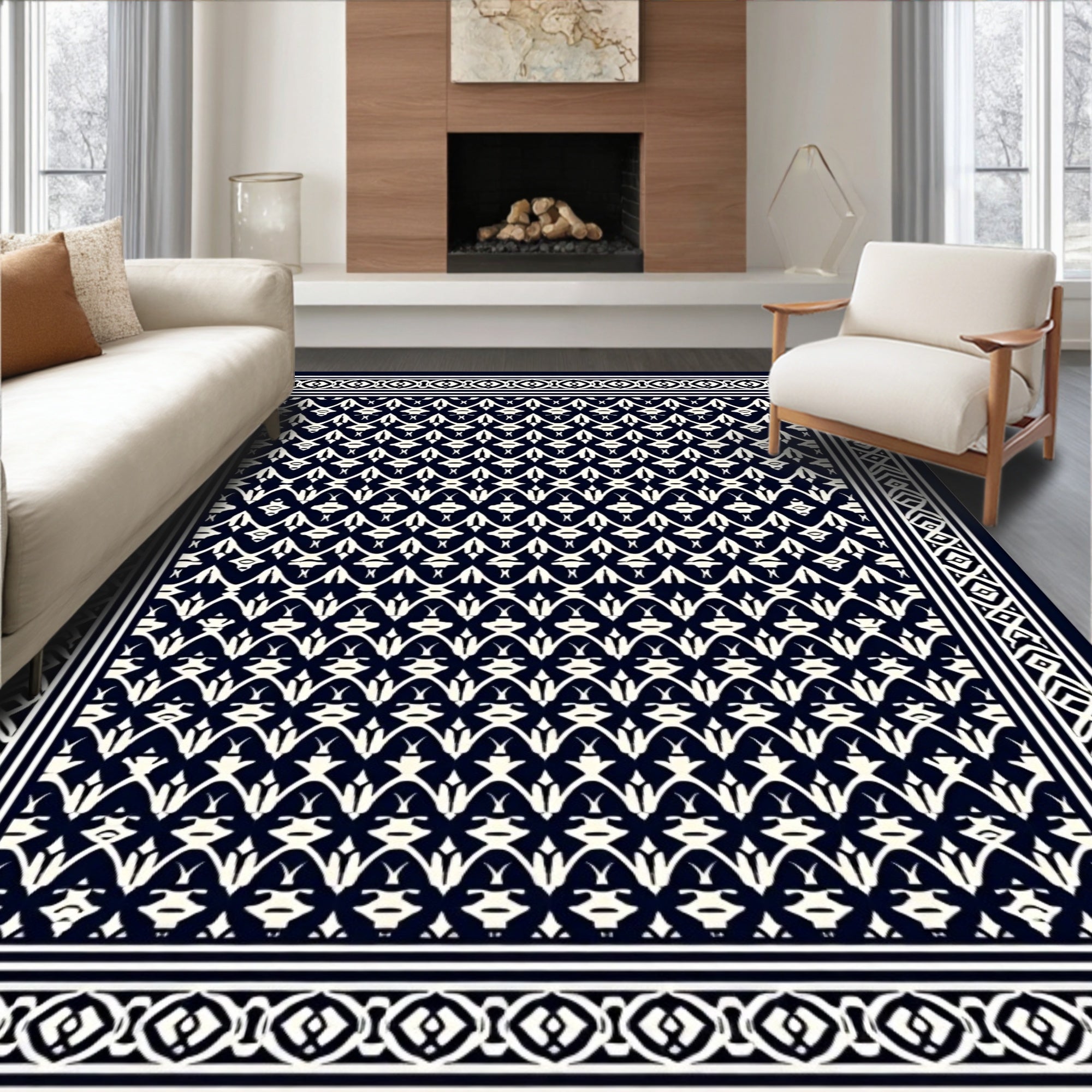 Dark White Geometric Leaf Pattern Rug