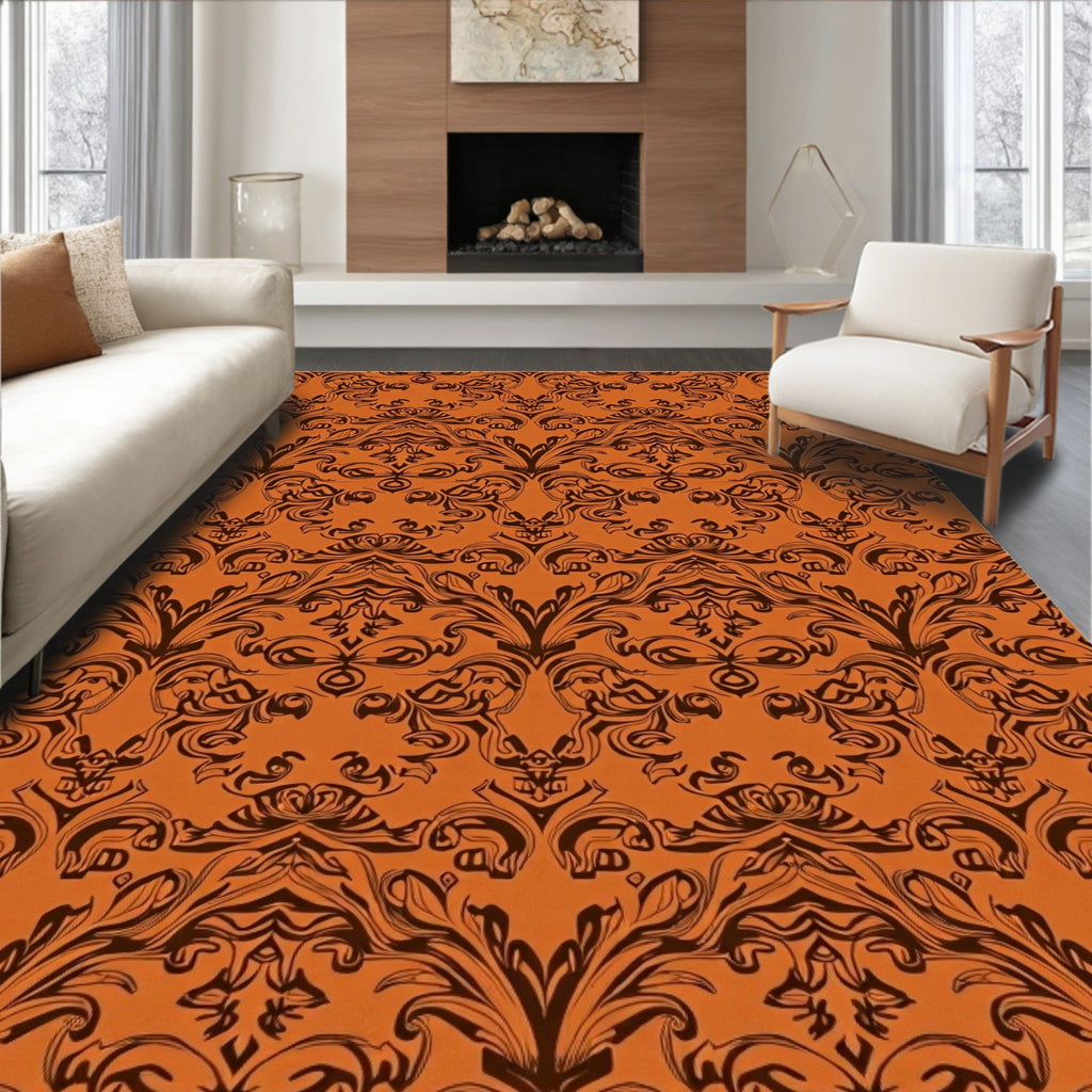 Orange Brown Baroque Scroll Work Rug
