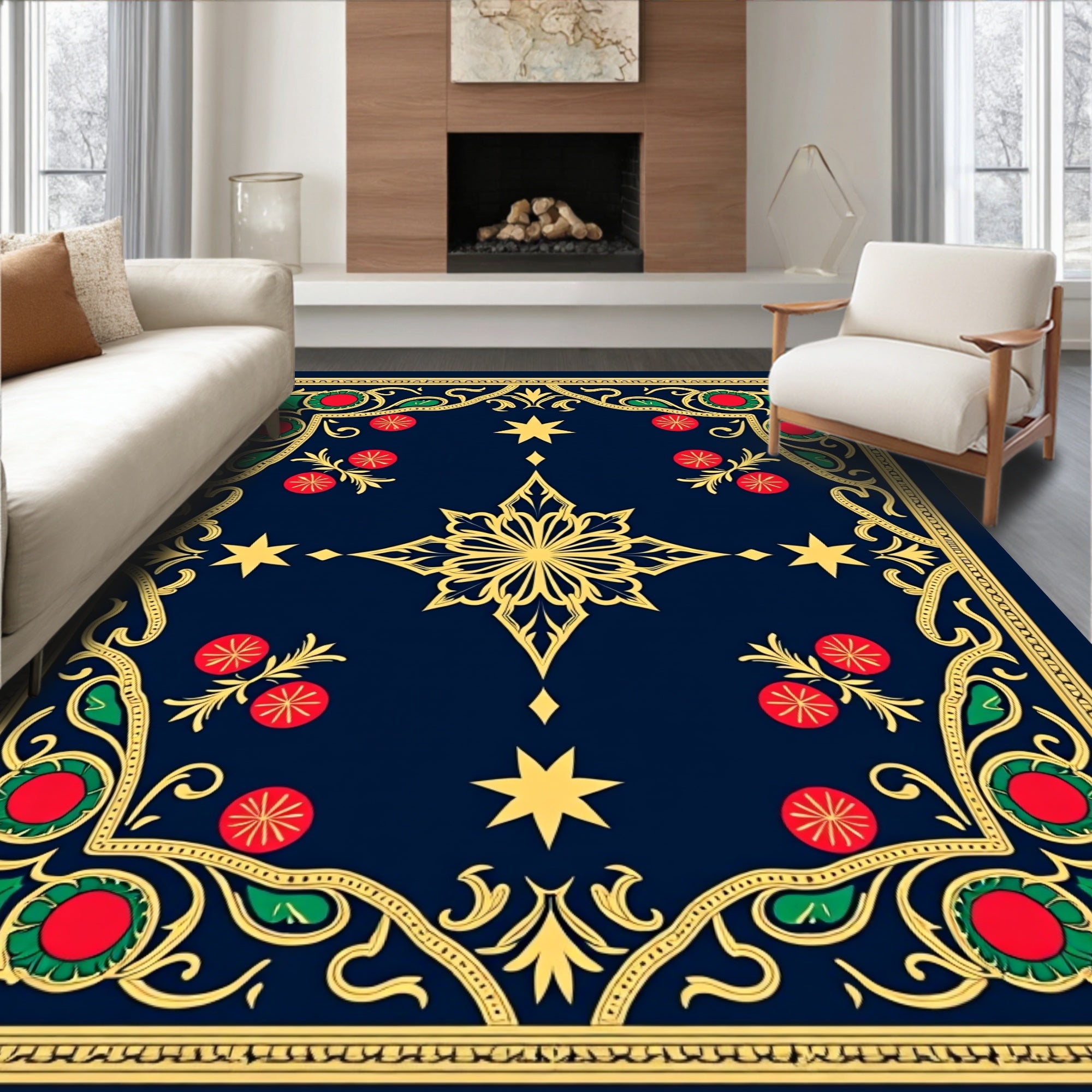 Ornate Midnight Blue Floral Star Rug