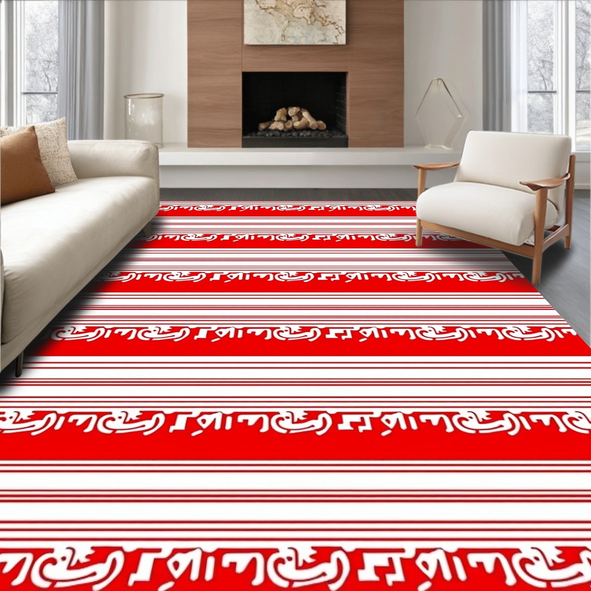 Red White Striped Calligraphy Pattern Rug